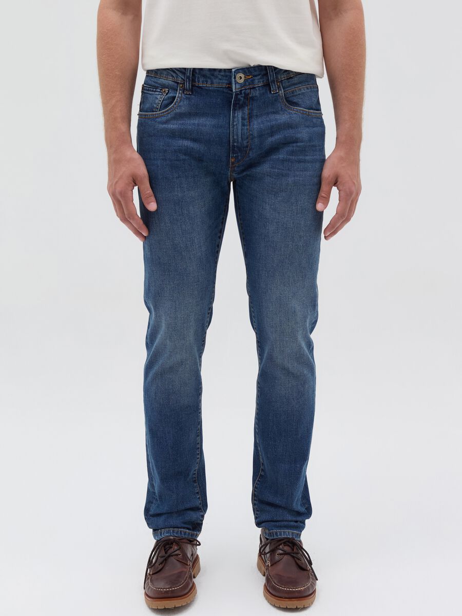 Slim-fit cross-hatch cotton jeans_1