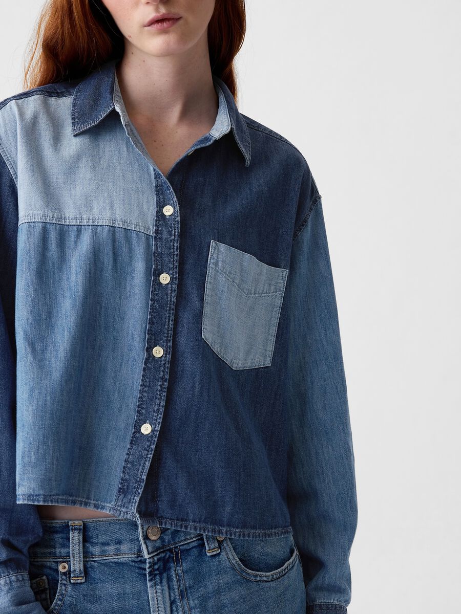 Crop shirt in patchwork denim_1