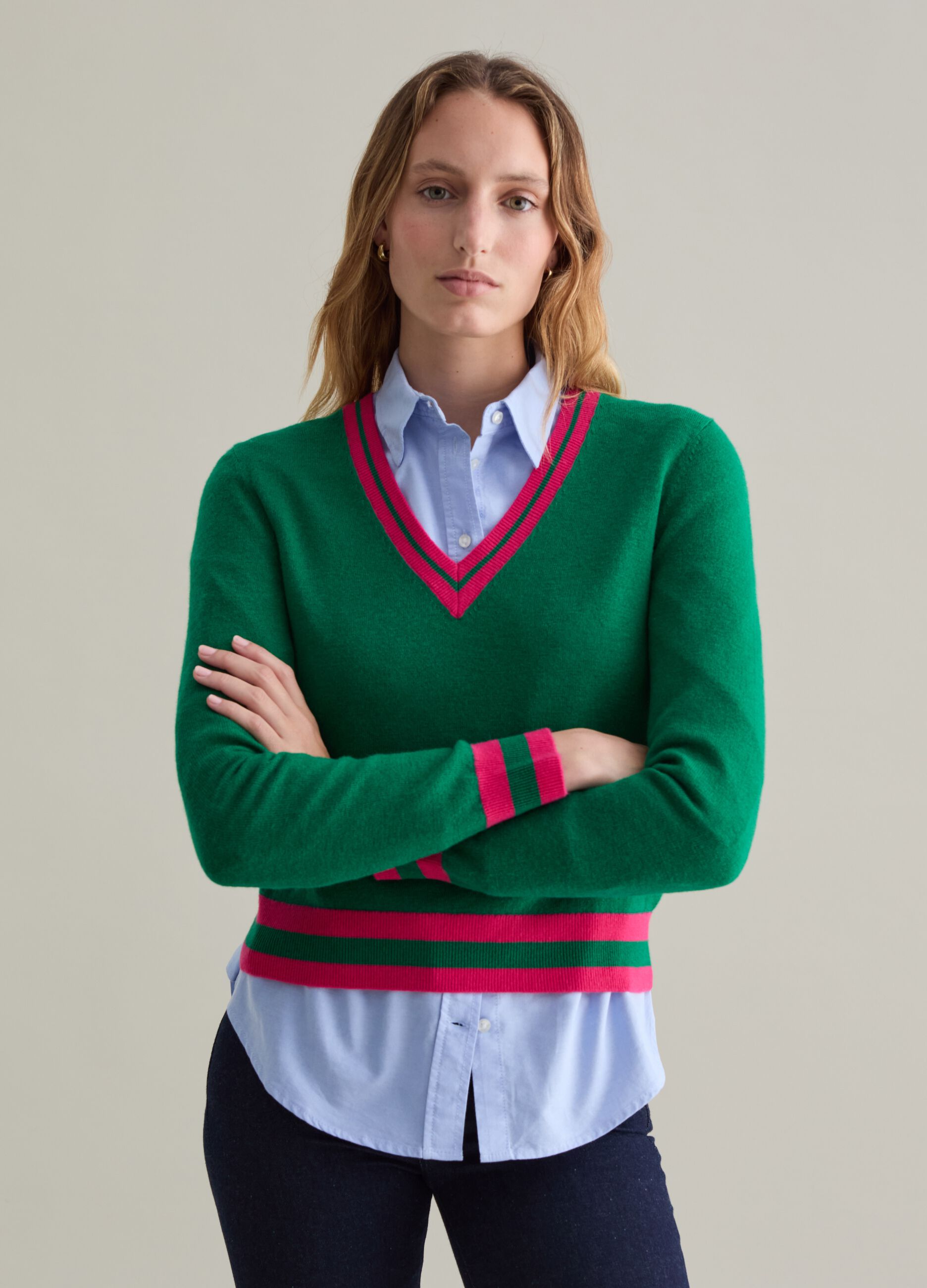 Wool pullover with striped trims