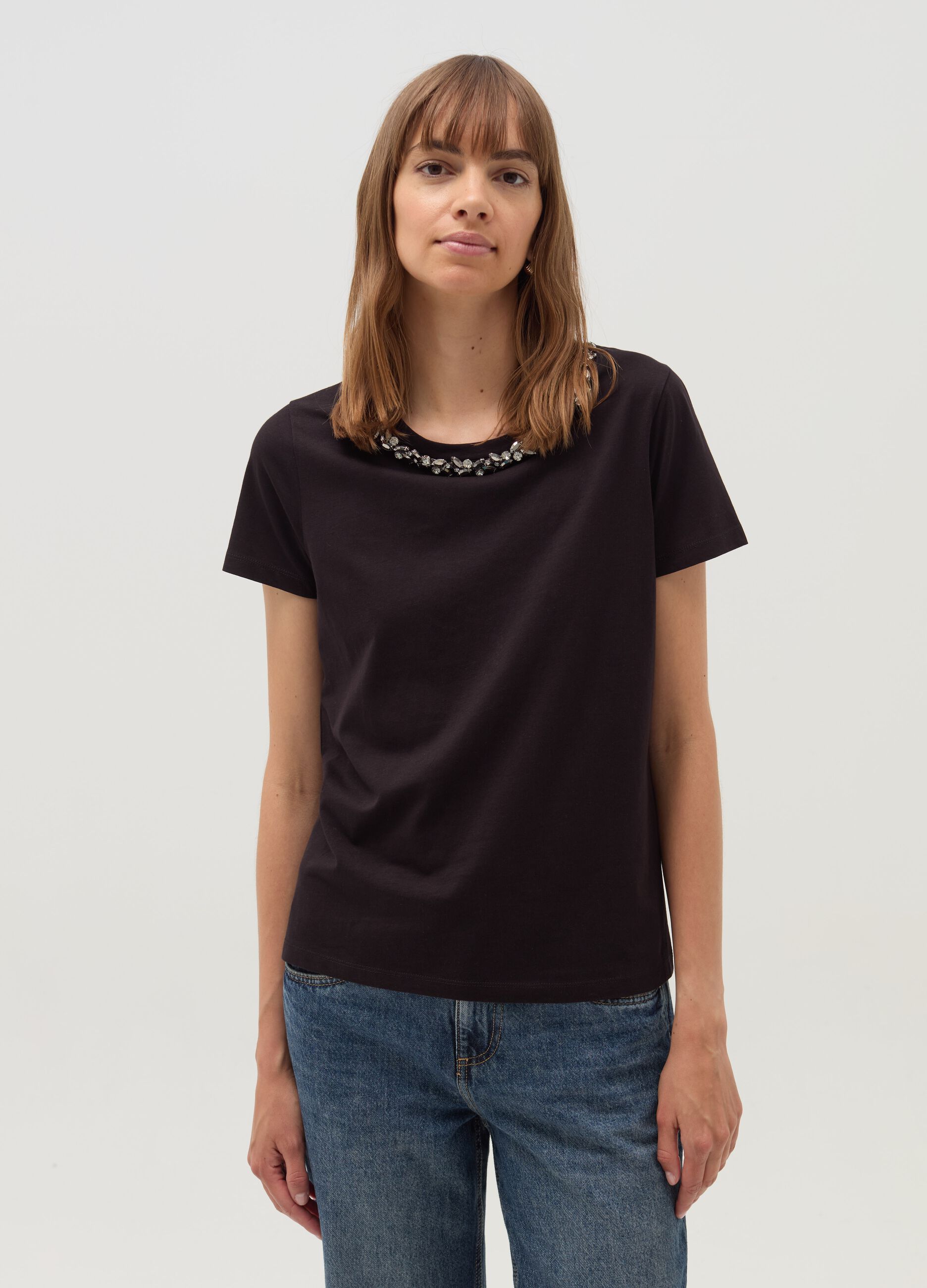 T-shirt with round neck and jewel applications