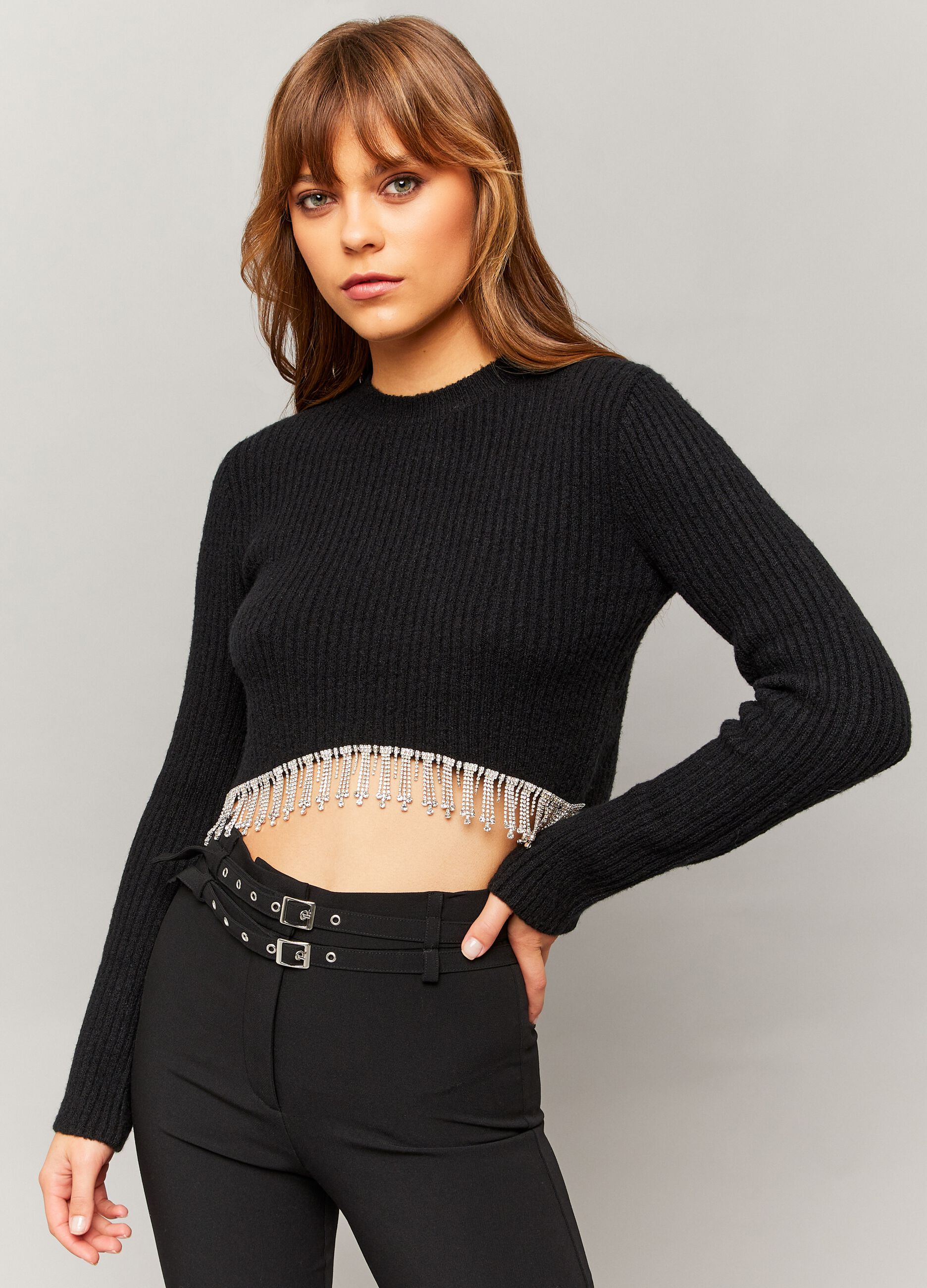 Ribbed crop top with fringes in diamantés