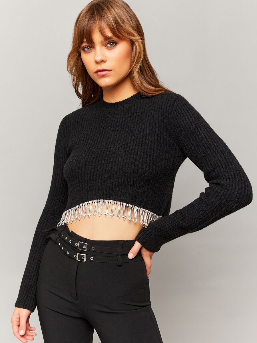 Ribbed crop top with fringes in diamantés_0