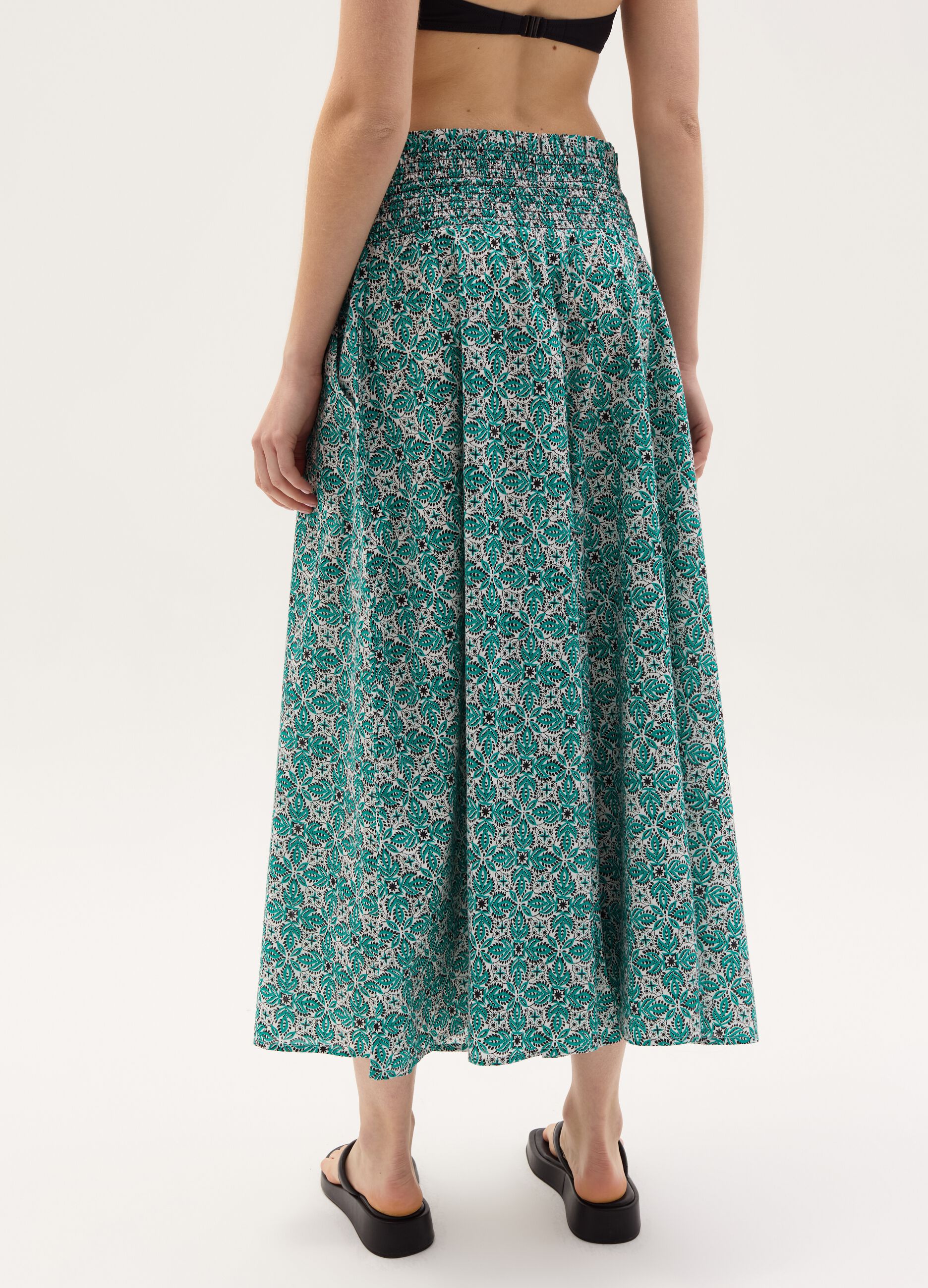 Midi skirt with drawstring and print