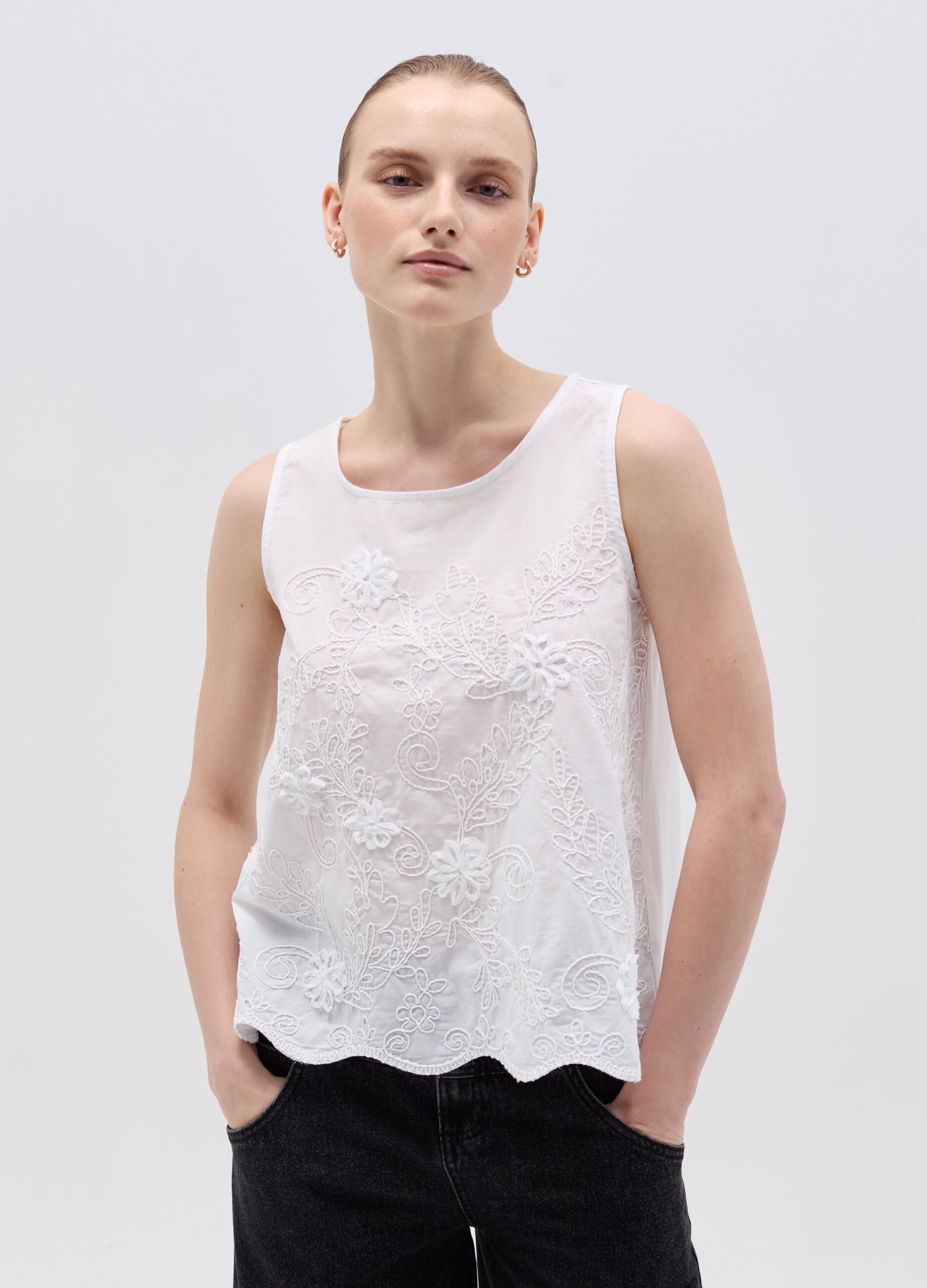 Ovs Tank top in cotone con ricamo floreale