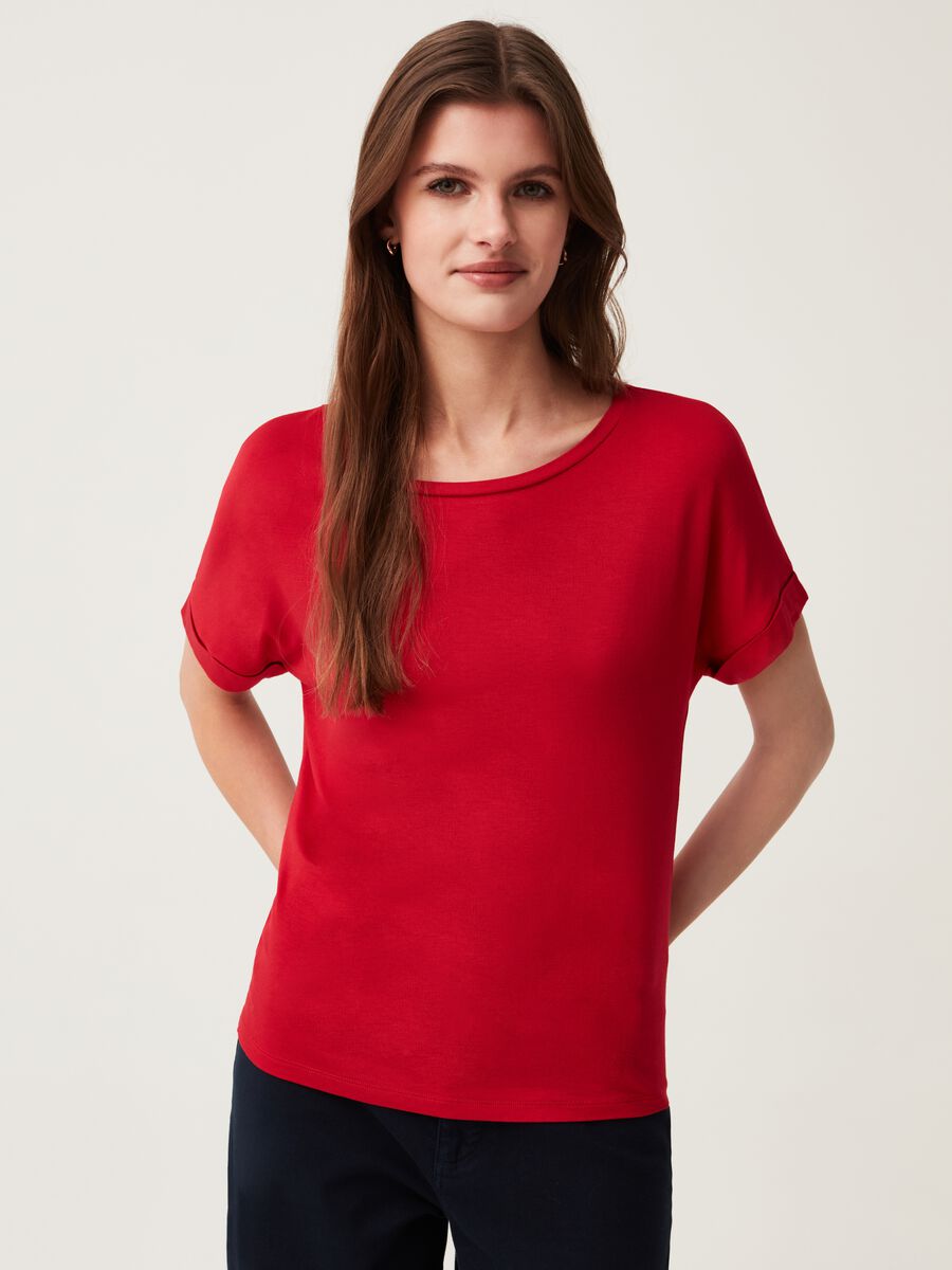 Stretch viscose  T-shirt with round neck_0