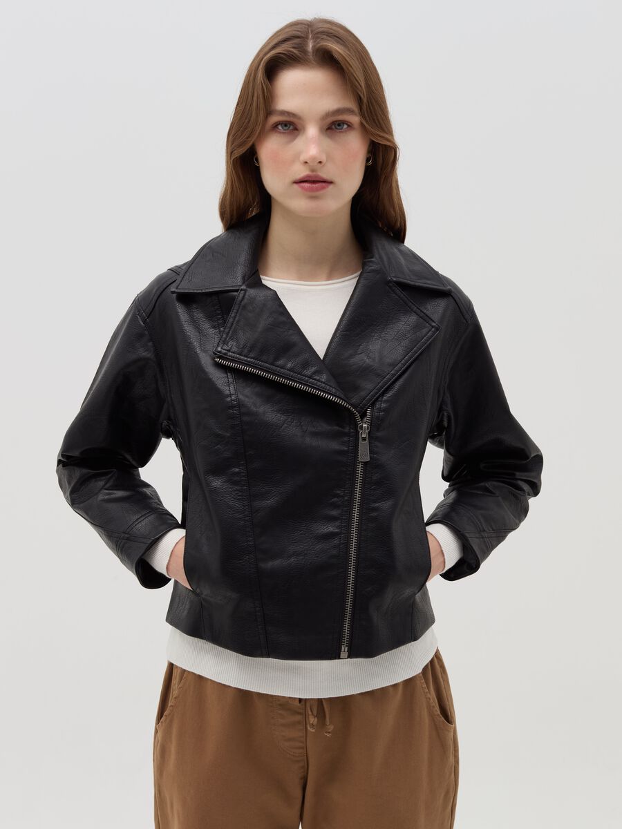 Textured-effect biker jacket_1