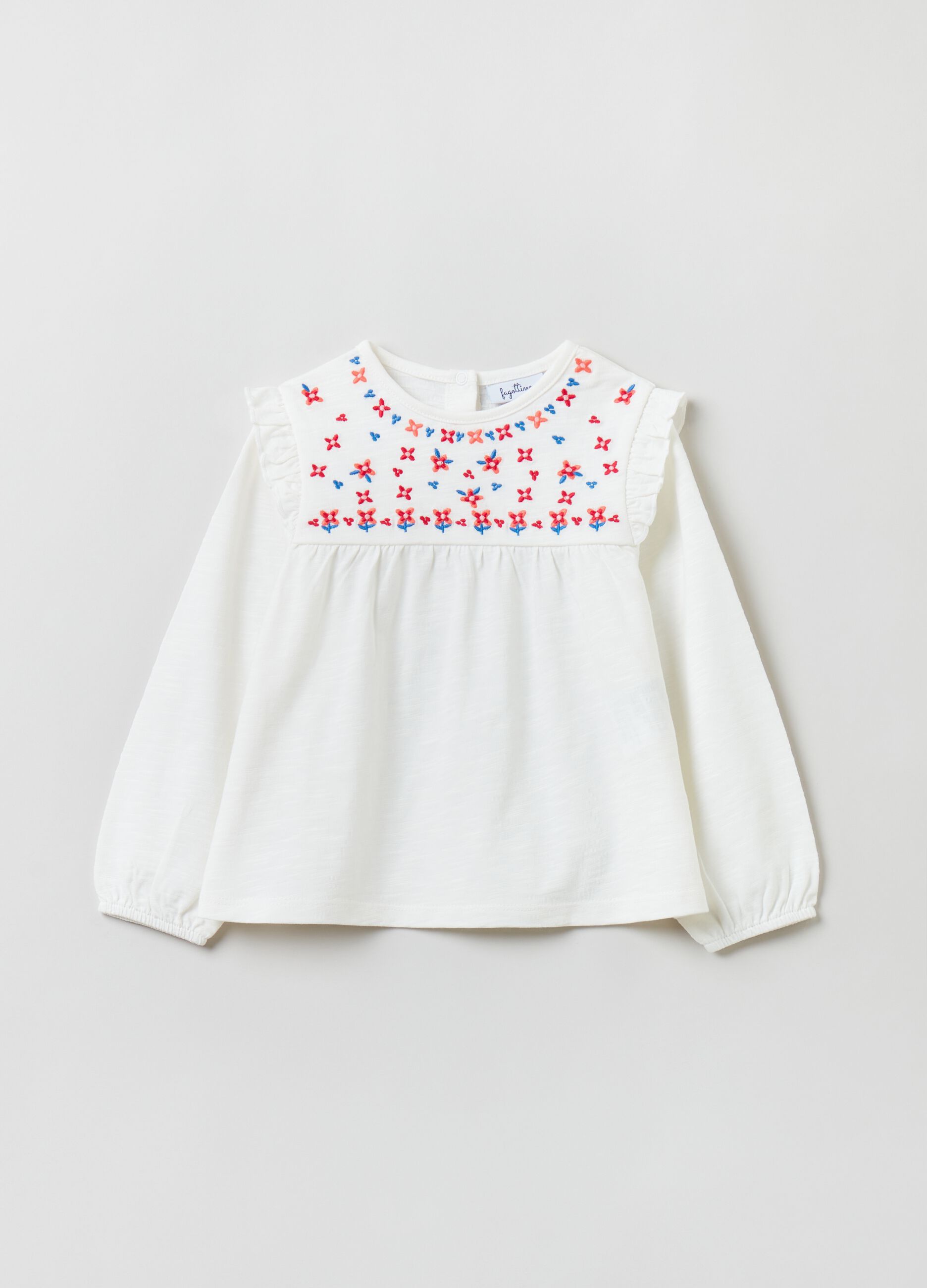 Long-sleeved T-shirt with flowers embroidery