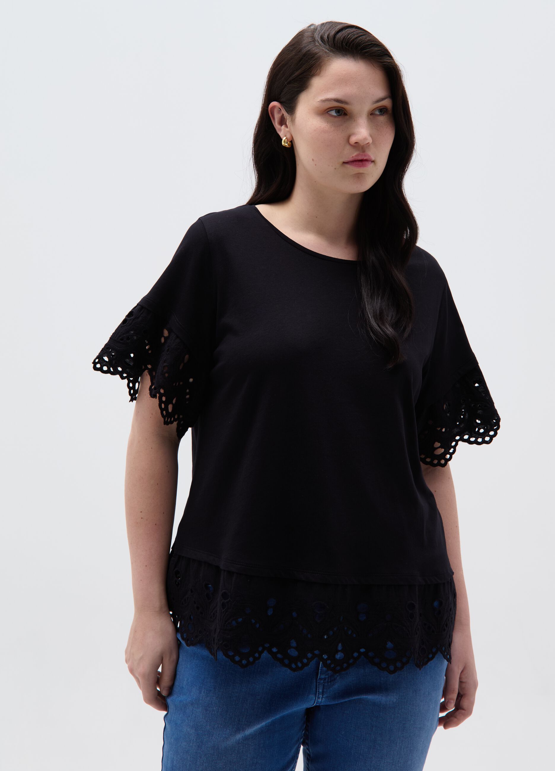 Ovs T-shirt con rouches in sangallo Curvy