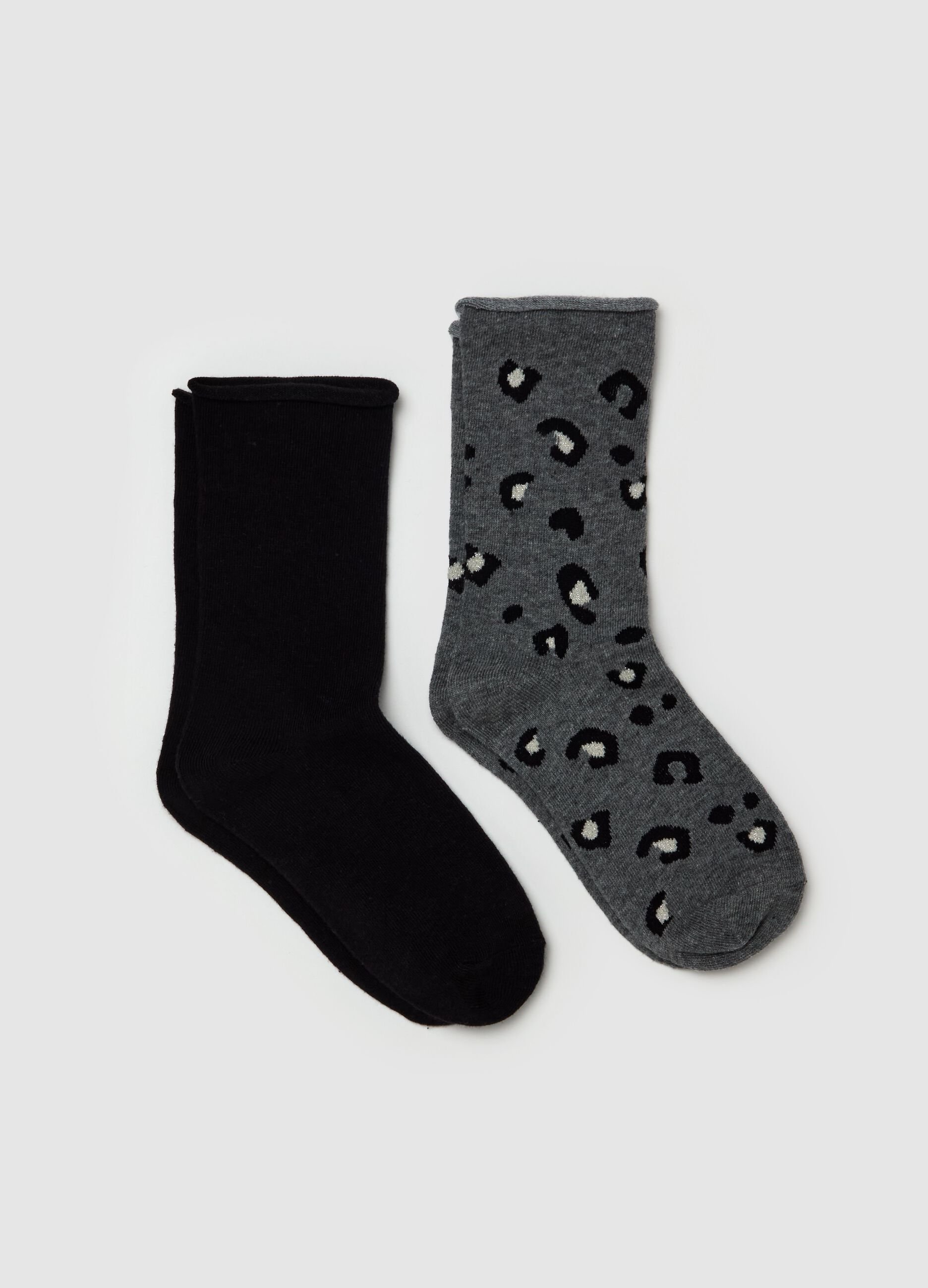 Two-pair pack animal print socks with rolled hem