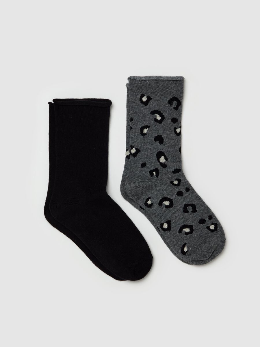 Two-pair pack animal print socks with rolled hem_0