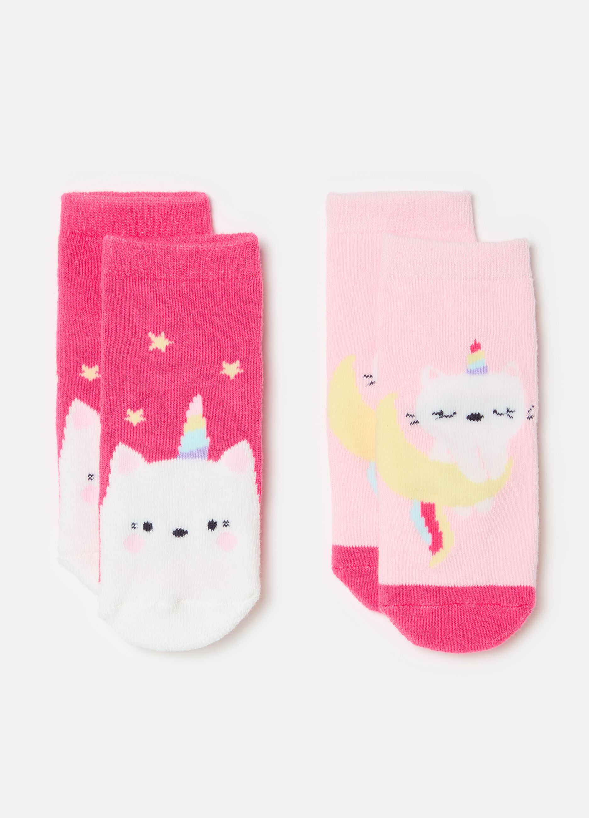 Two-pair pack slipper socks with unicorn kitten design