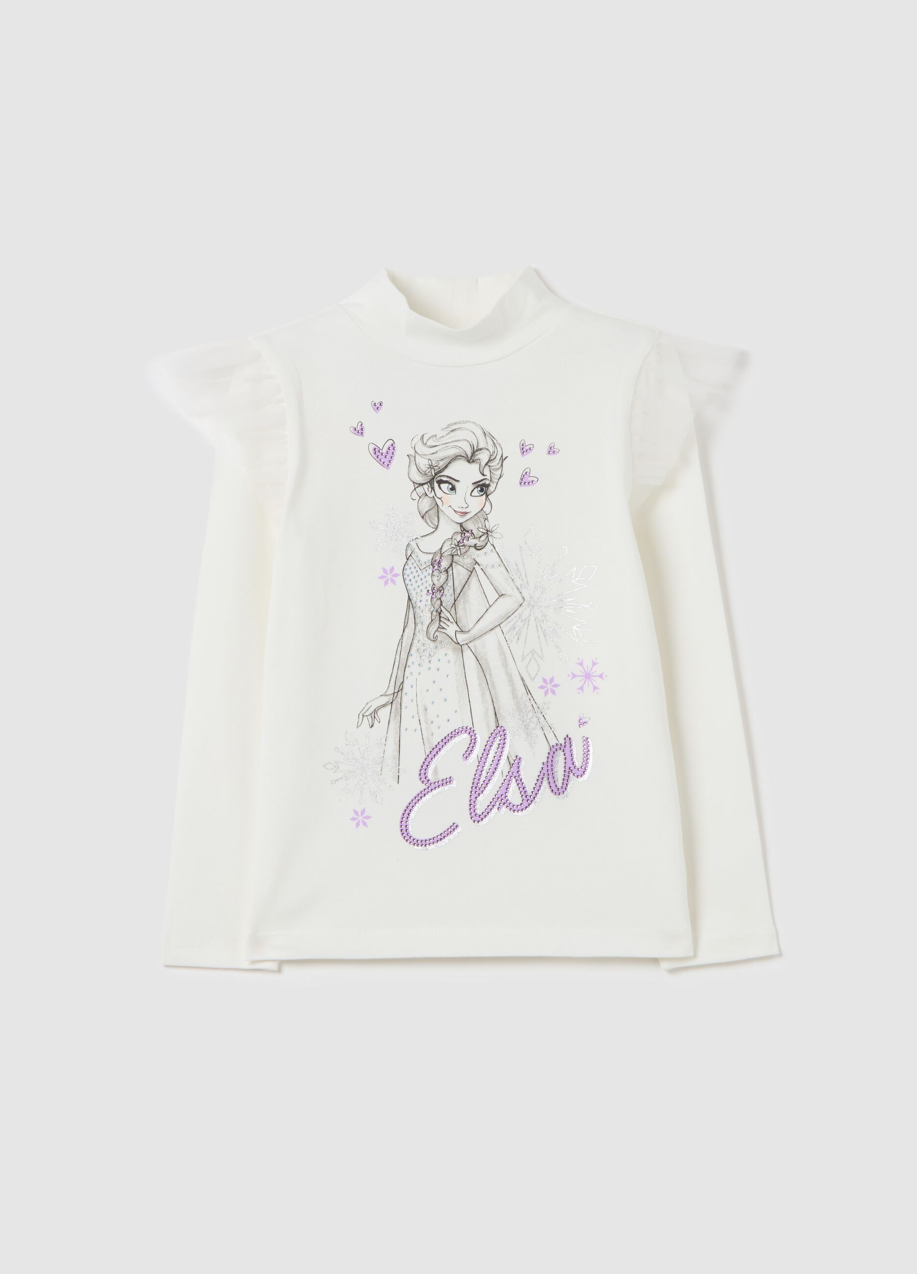 T-shirt a collo alto con stampa Elsa e strass