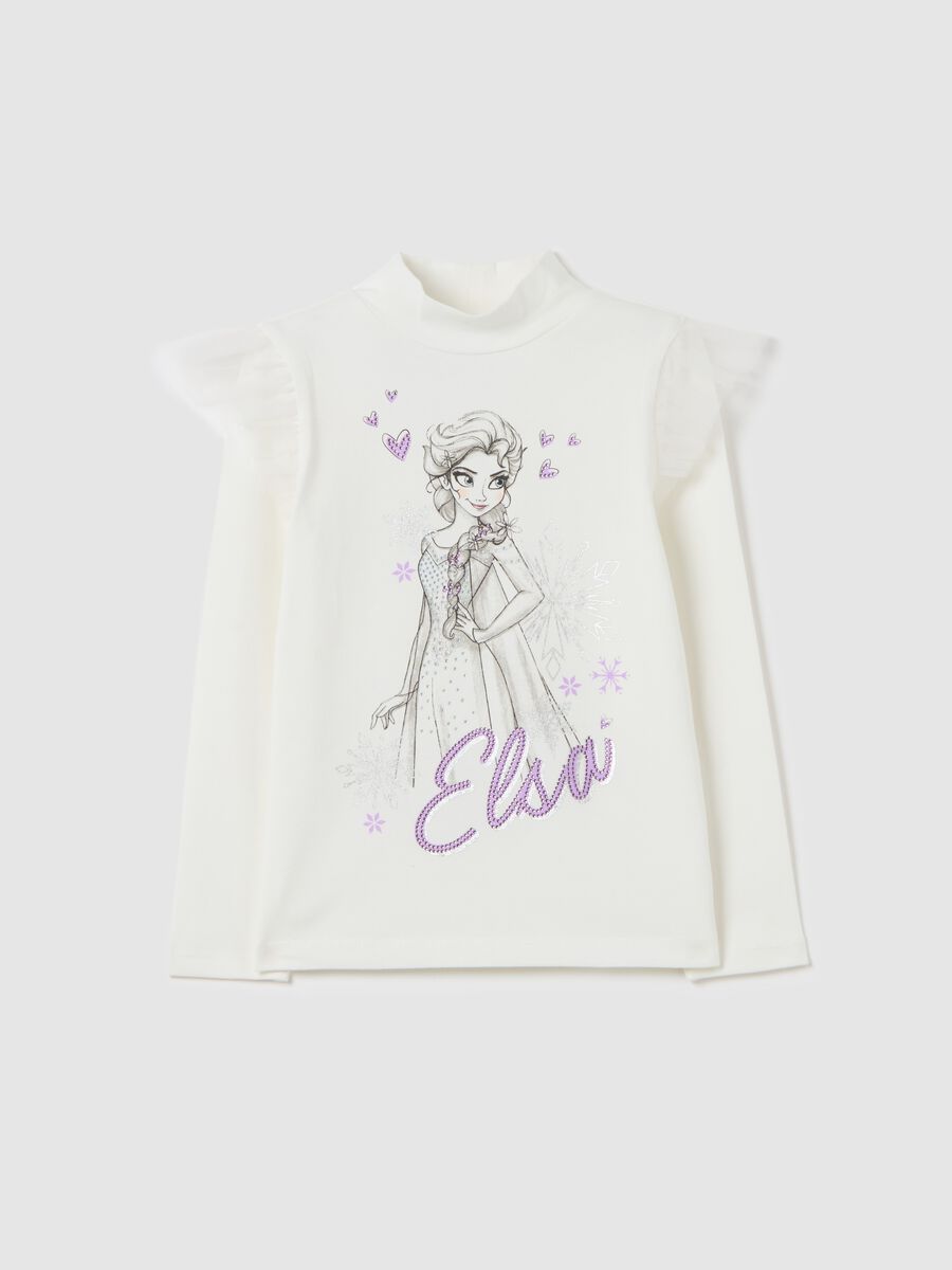 T-shirt a collo alto con stampa Elsa e strass_0