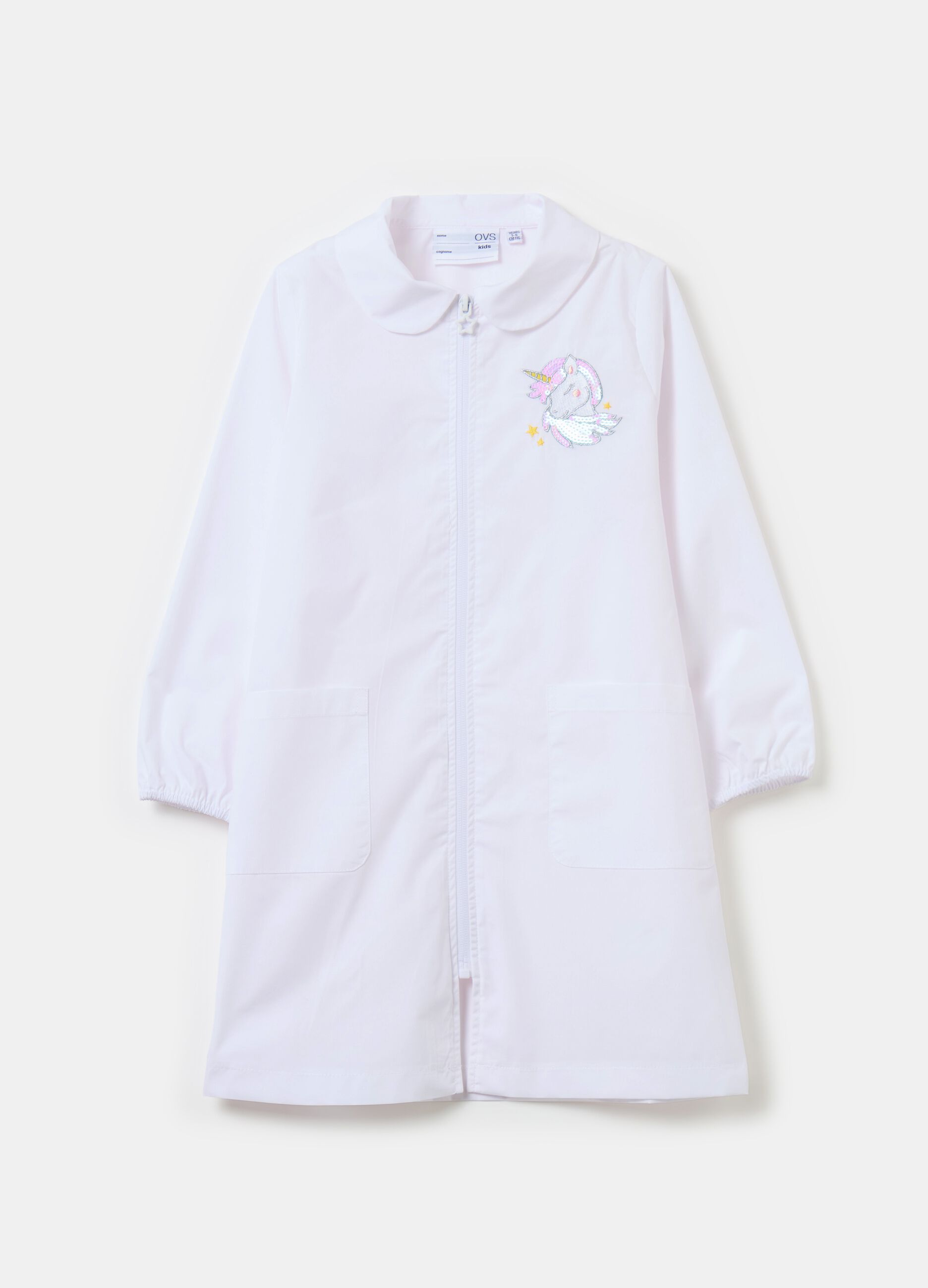 School smock with embroidered unicorn and zip