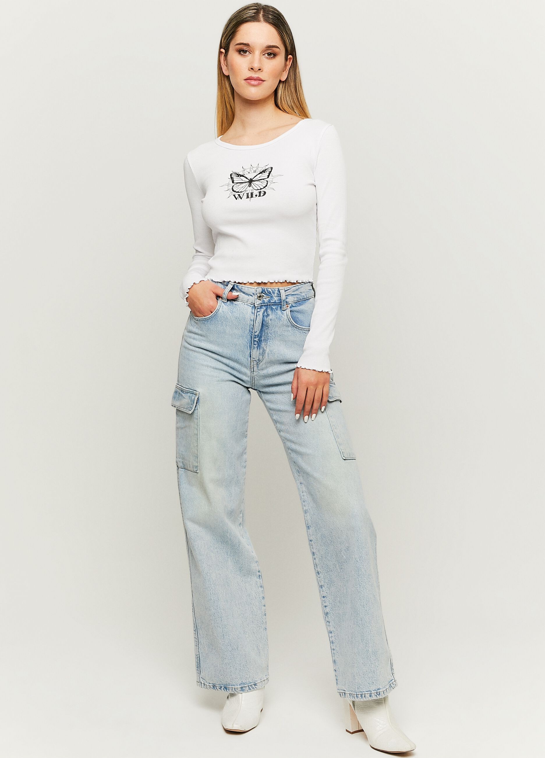 Ovs T-shirt crop a costine con stampa