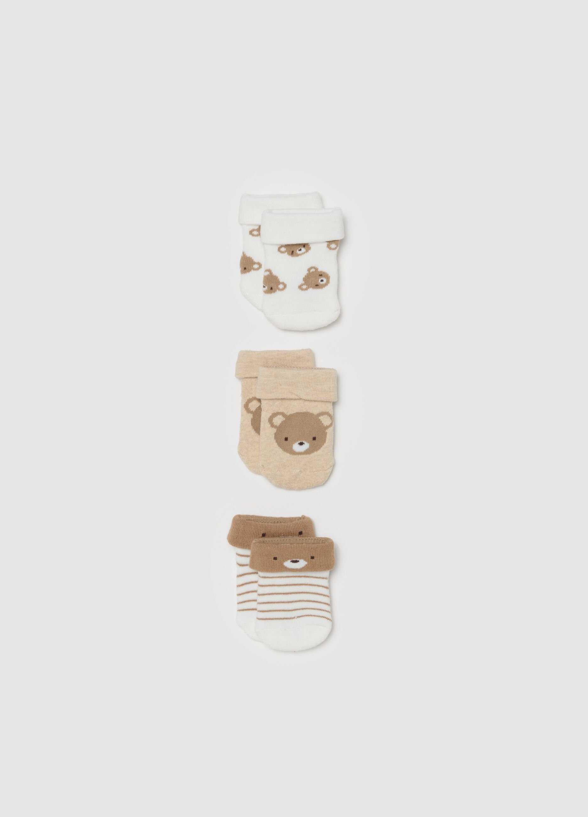 Three-pair pack stretch socks with teddy bear design