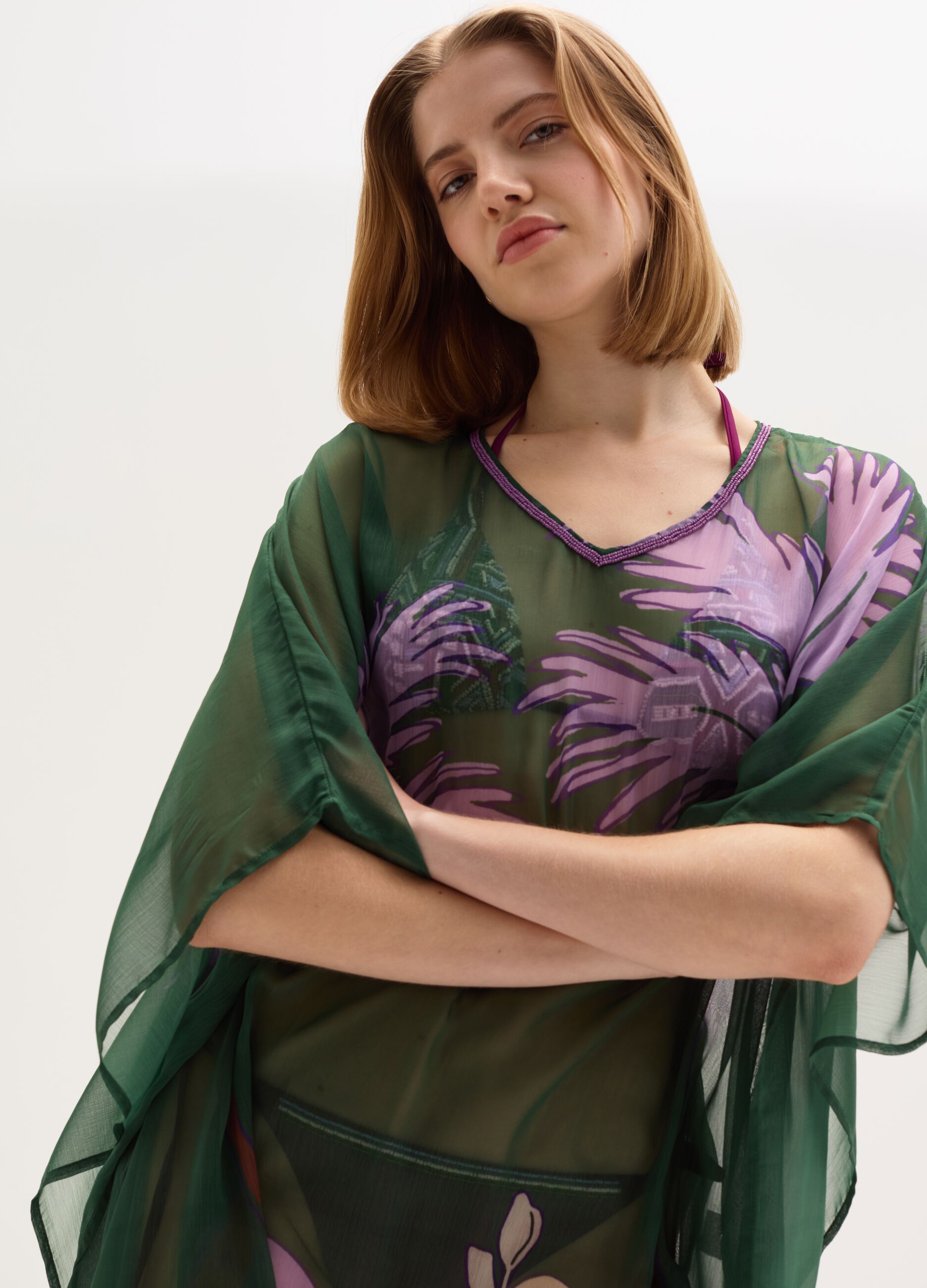 Beach cover-up poncho in chiffon with print