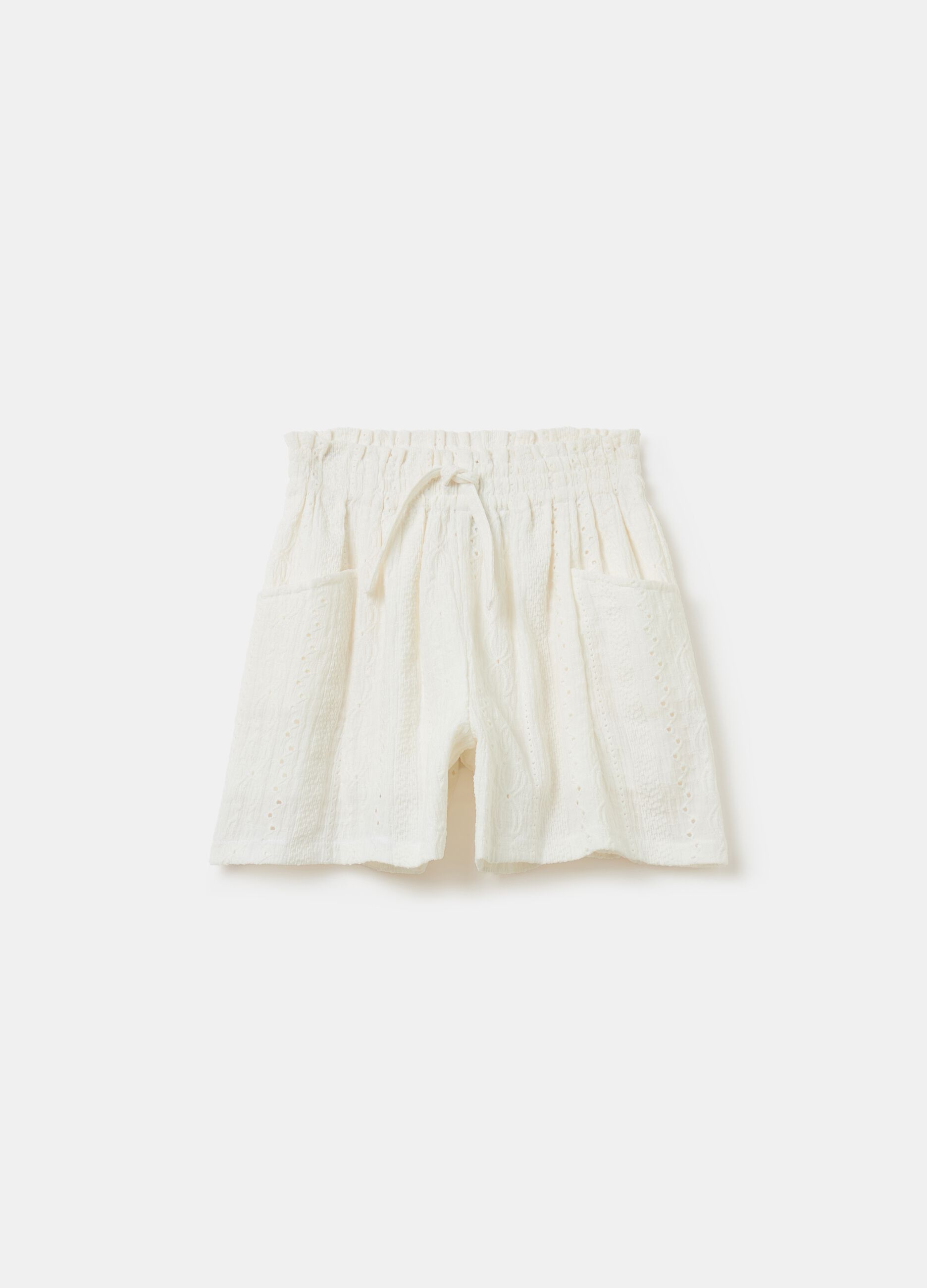 Broderie anglaise paper bag shorts with drawstring