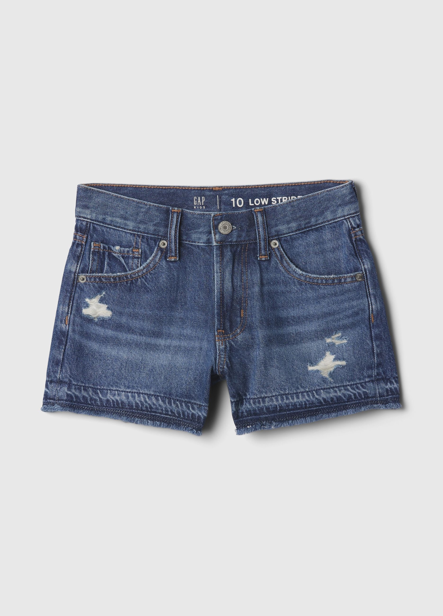 Low-rise denim shorts with abrasions