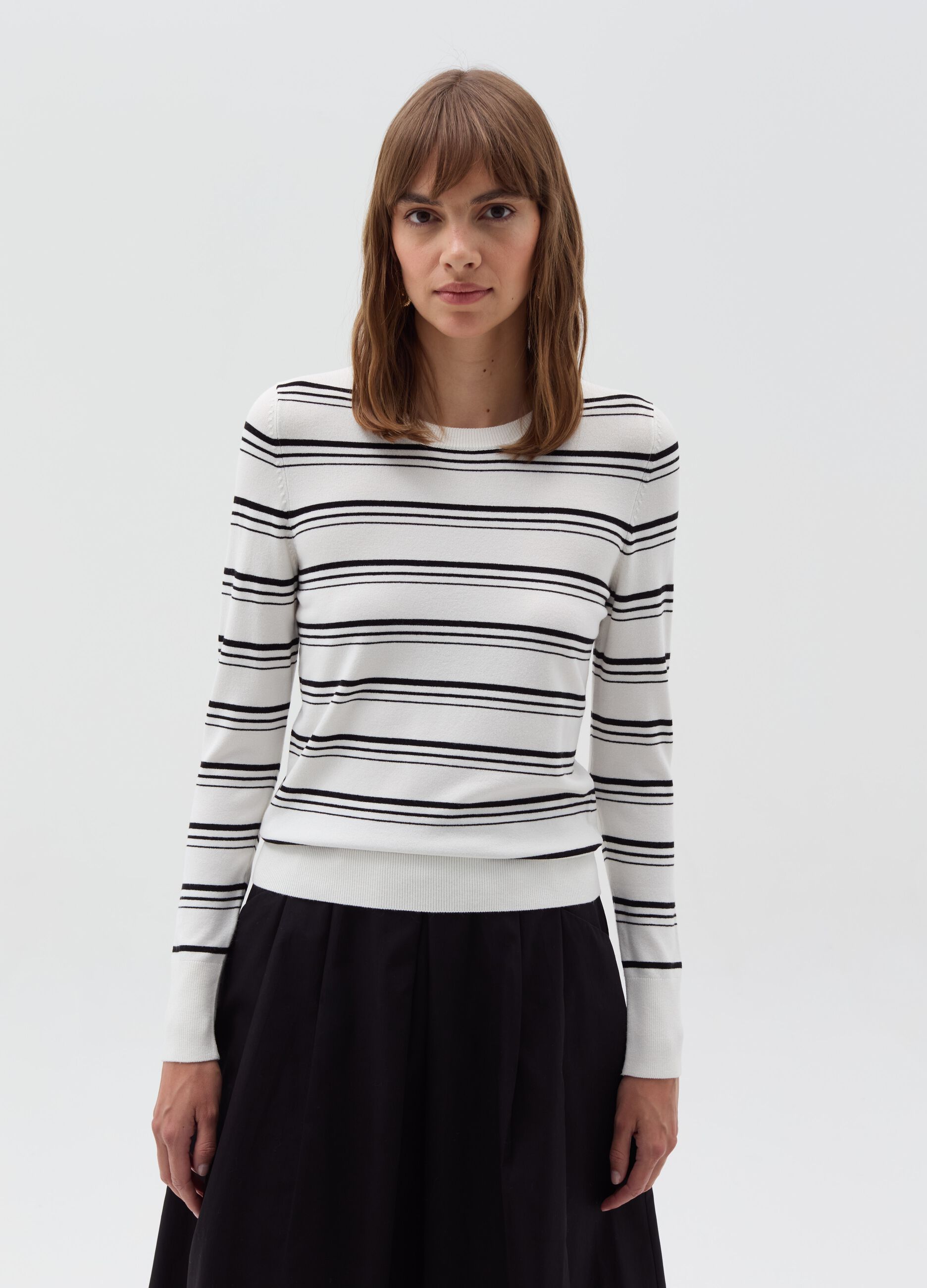 Long-sleeved striped knit shirt