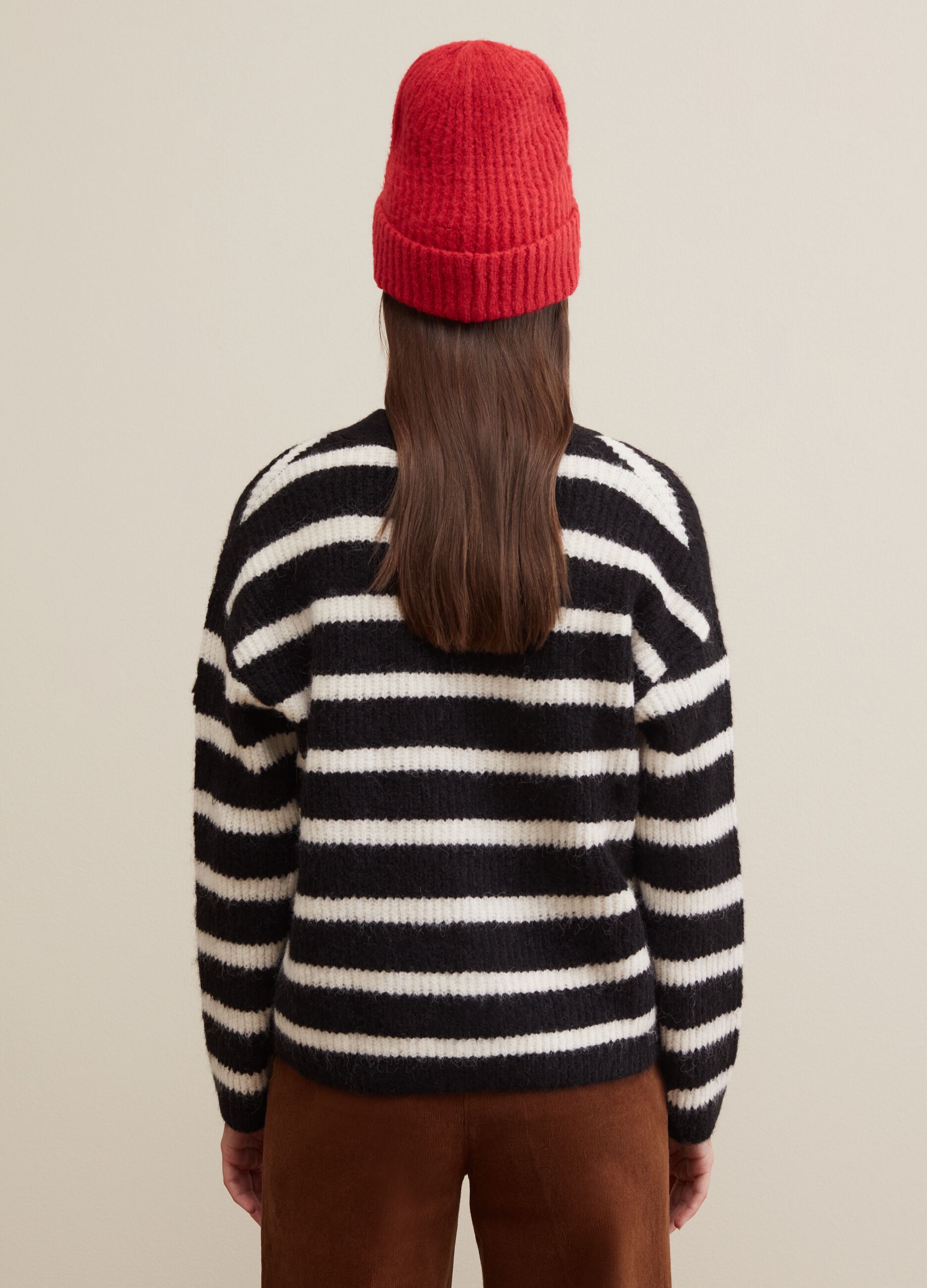 Flat-ribbed cardigan with striped pattern