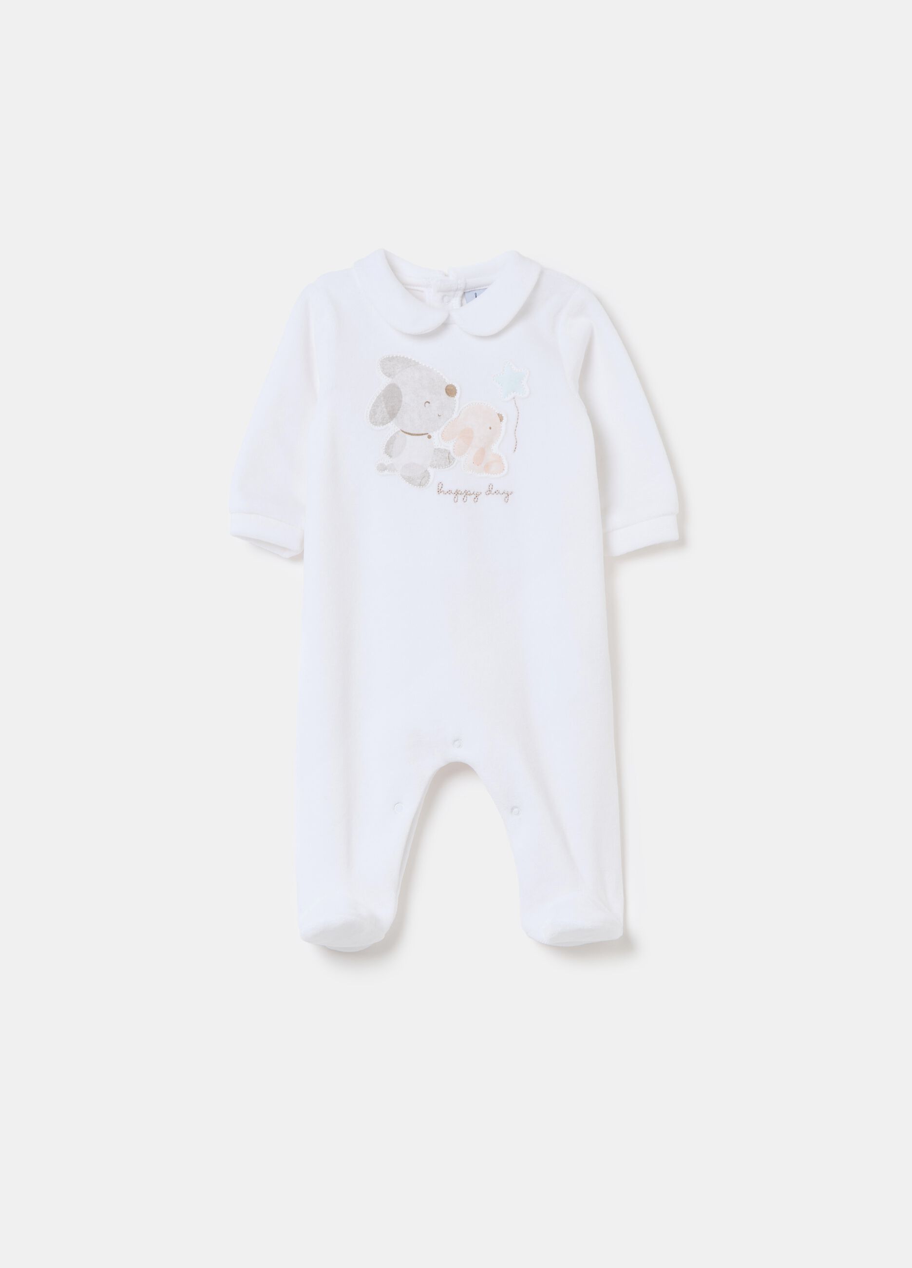 Velour onesie with feet and embroidery