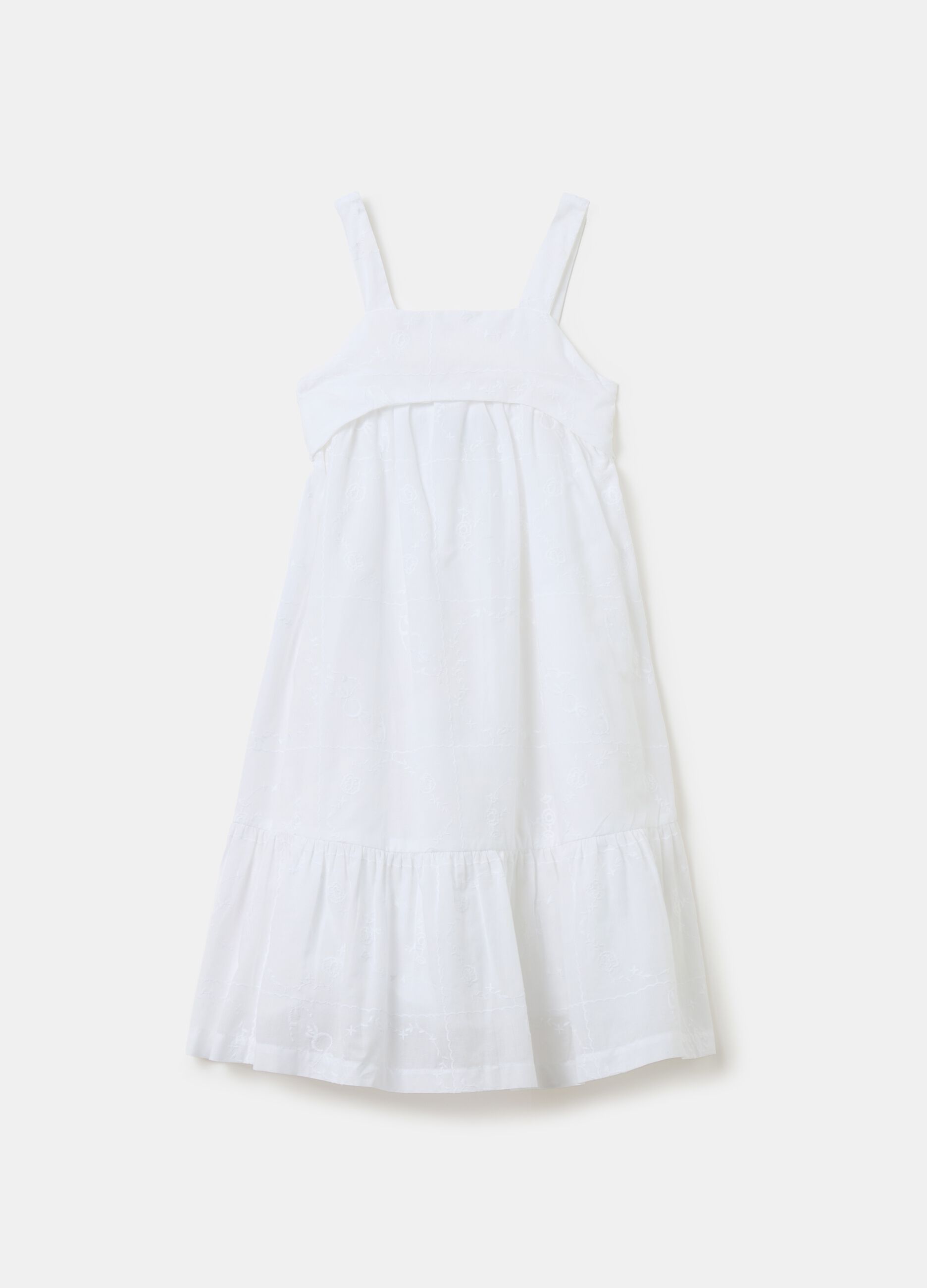 Cotton dress with flounce and embroidery