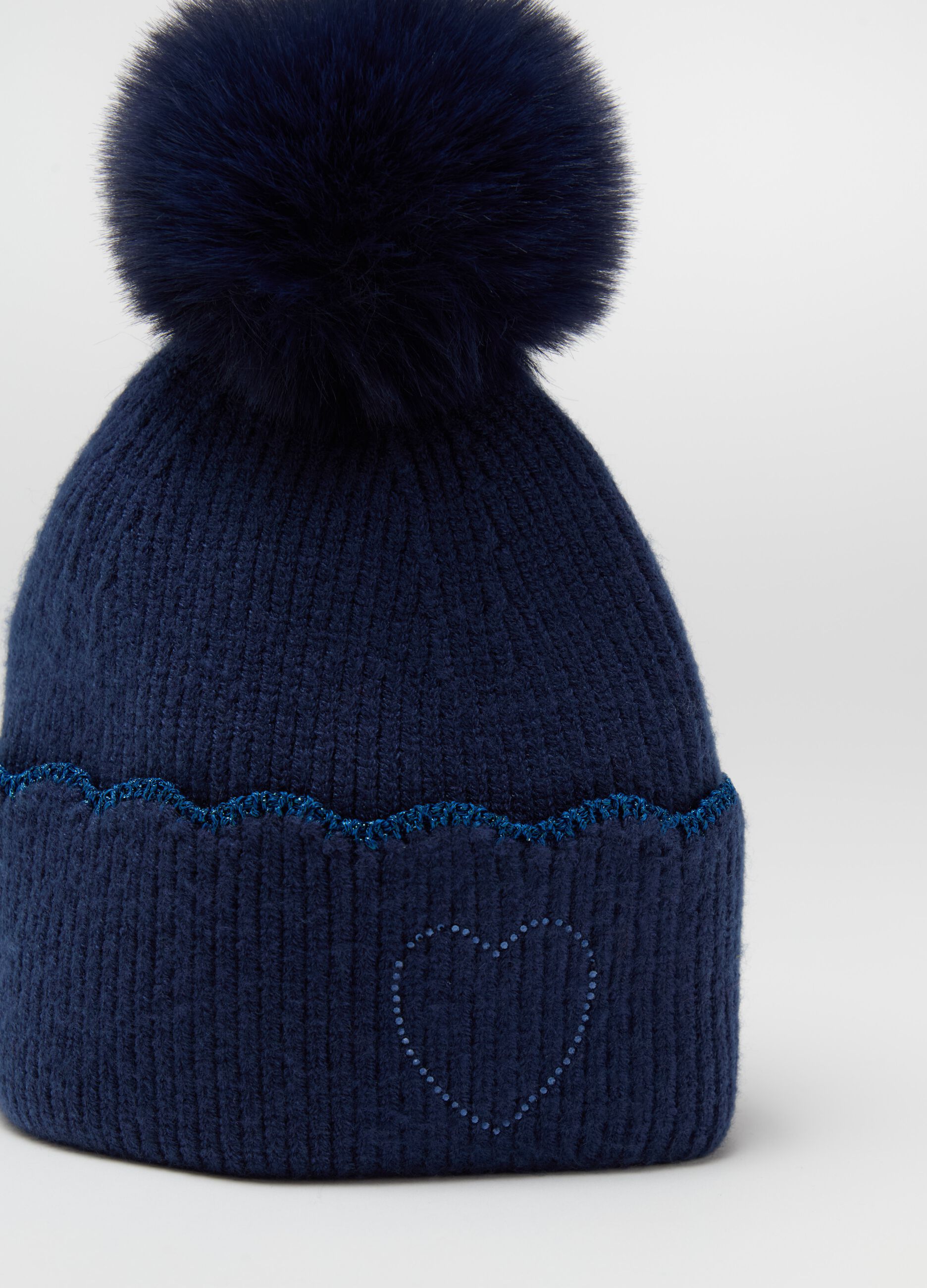 Knitted hat with pompom and diamantés