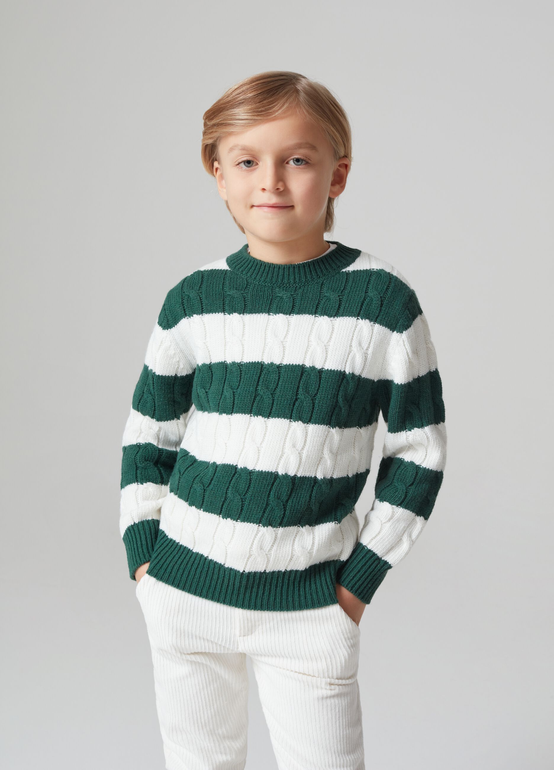 Striped pullover with cable-knit design