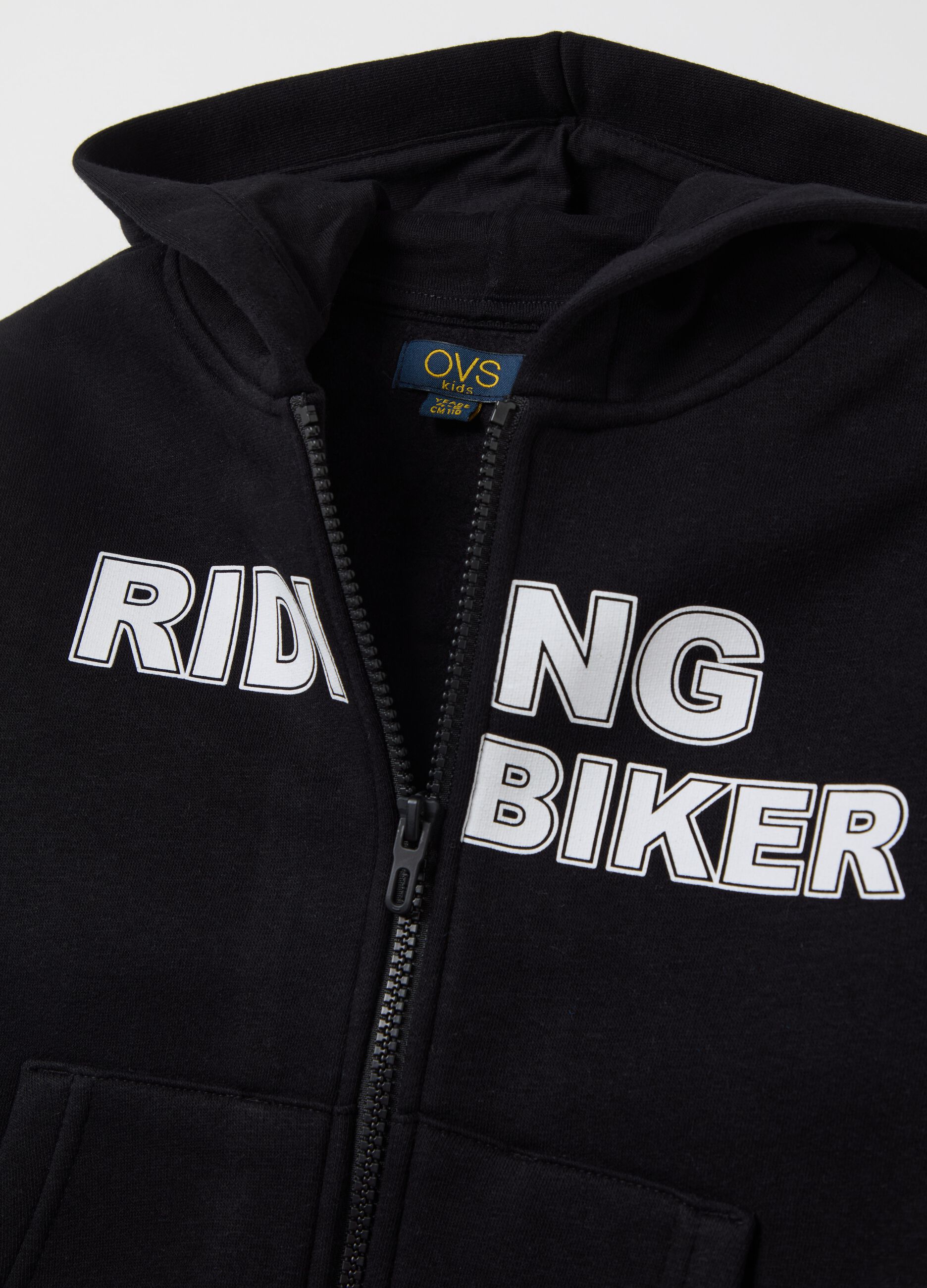 Full-zip sweatshirt with hood and "Riding Biker” print