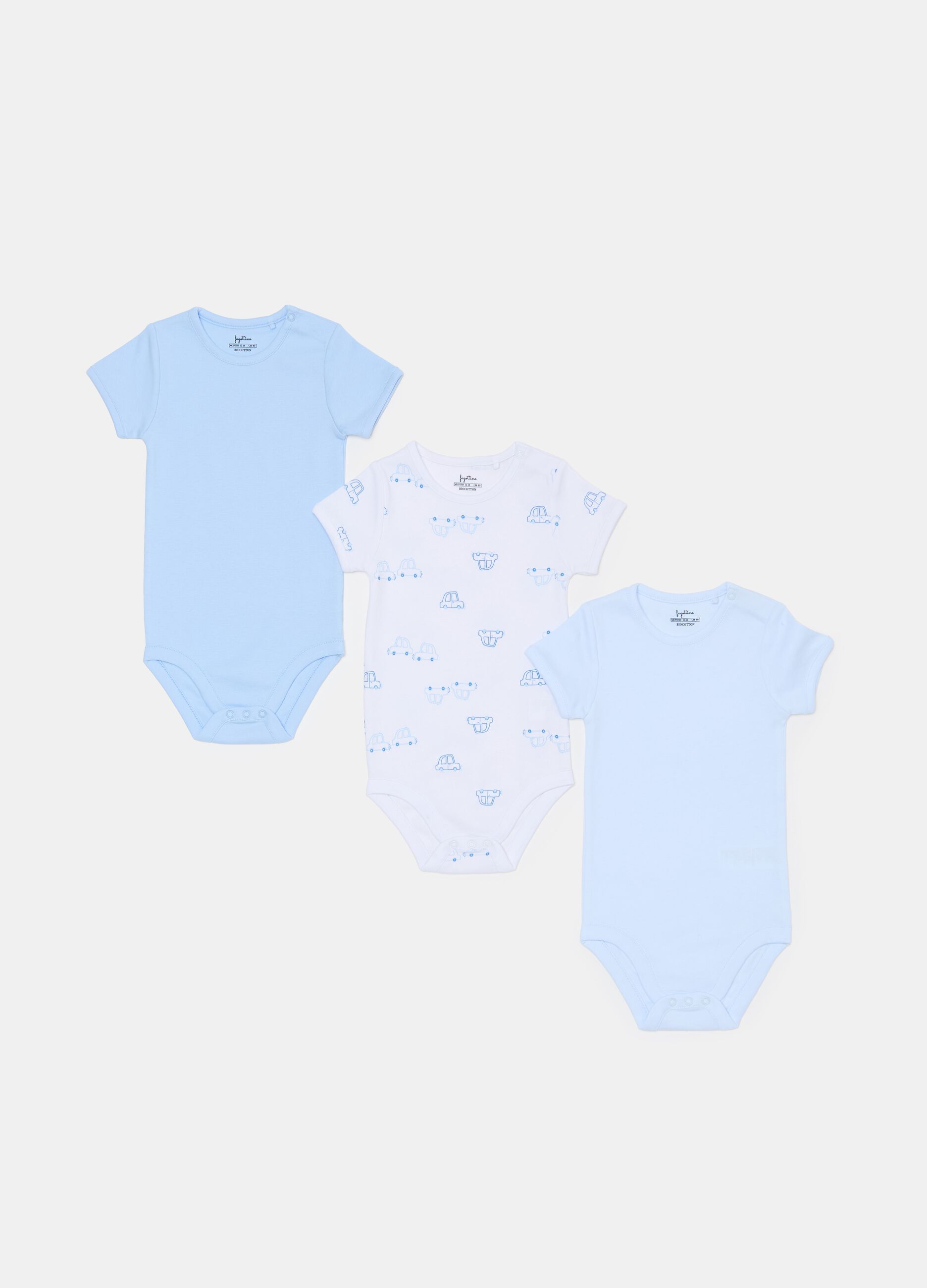 Three-pack bodysuits with toy cars print