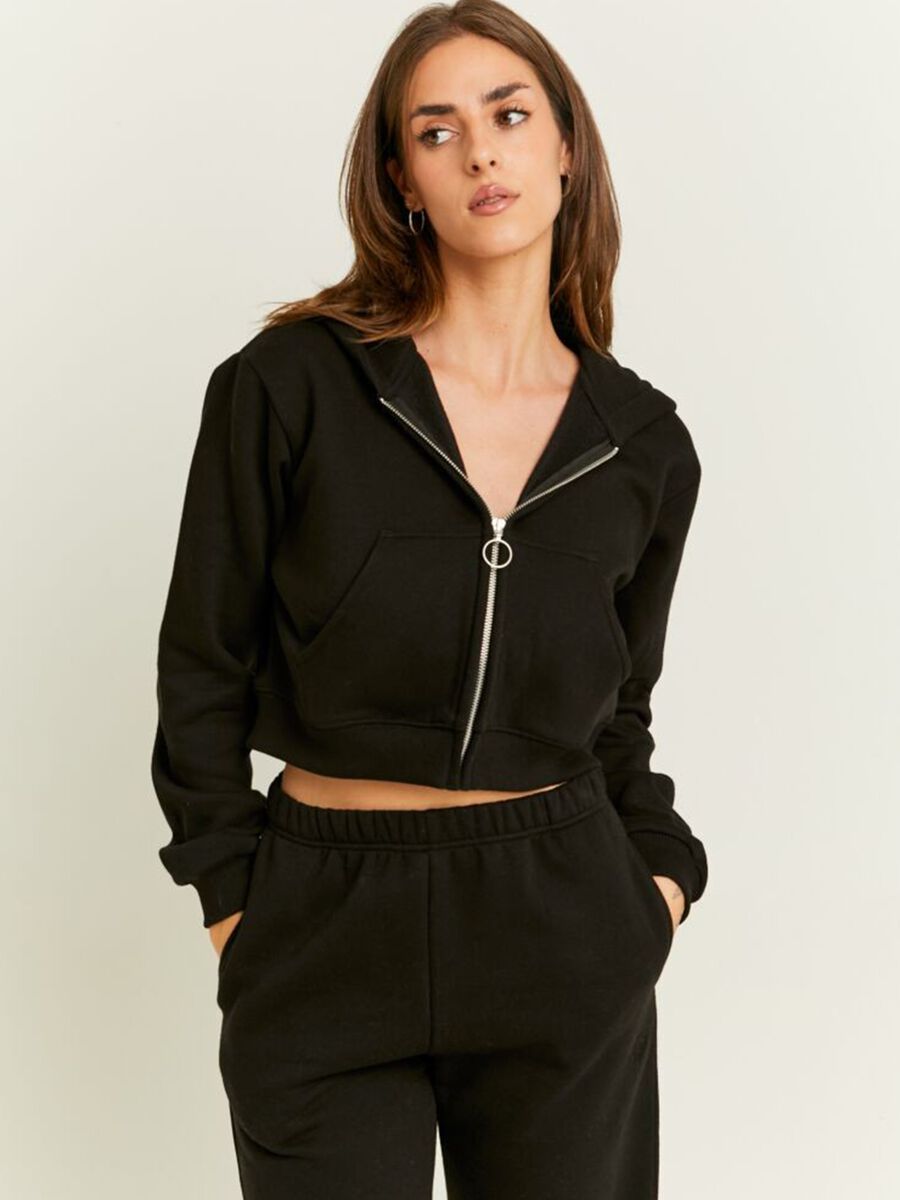 Full-zip crop sweatshirt in fleece with hood_1