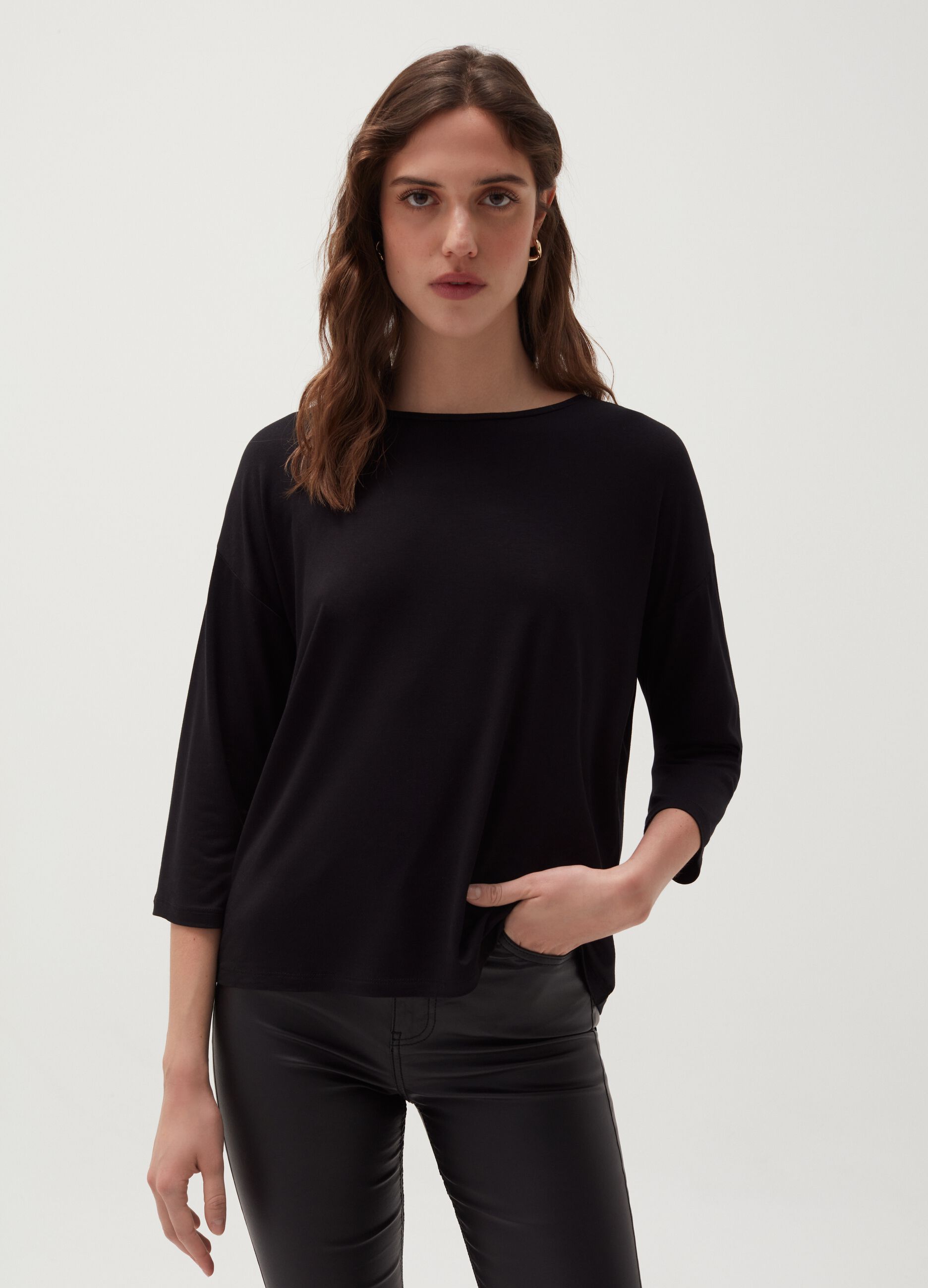 Viscose T-shirt with three-quarter sleeves