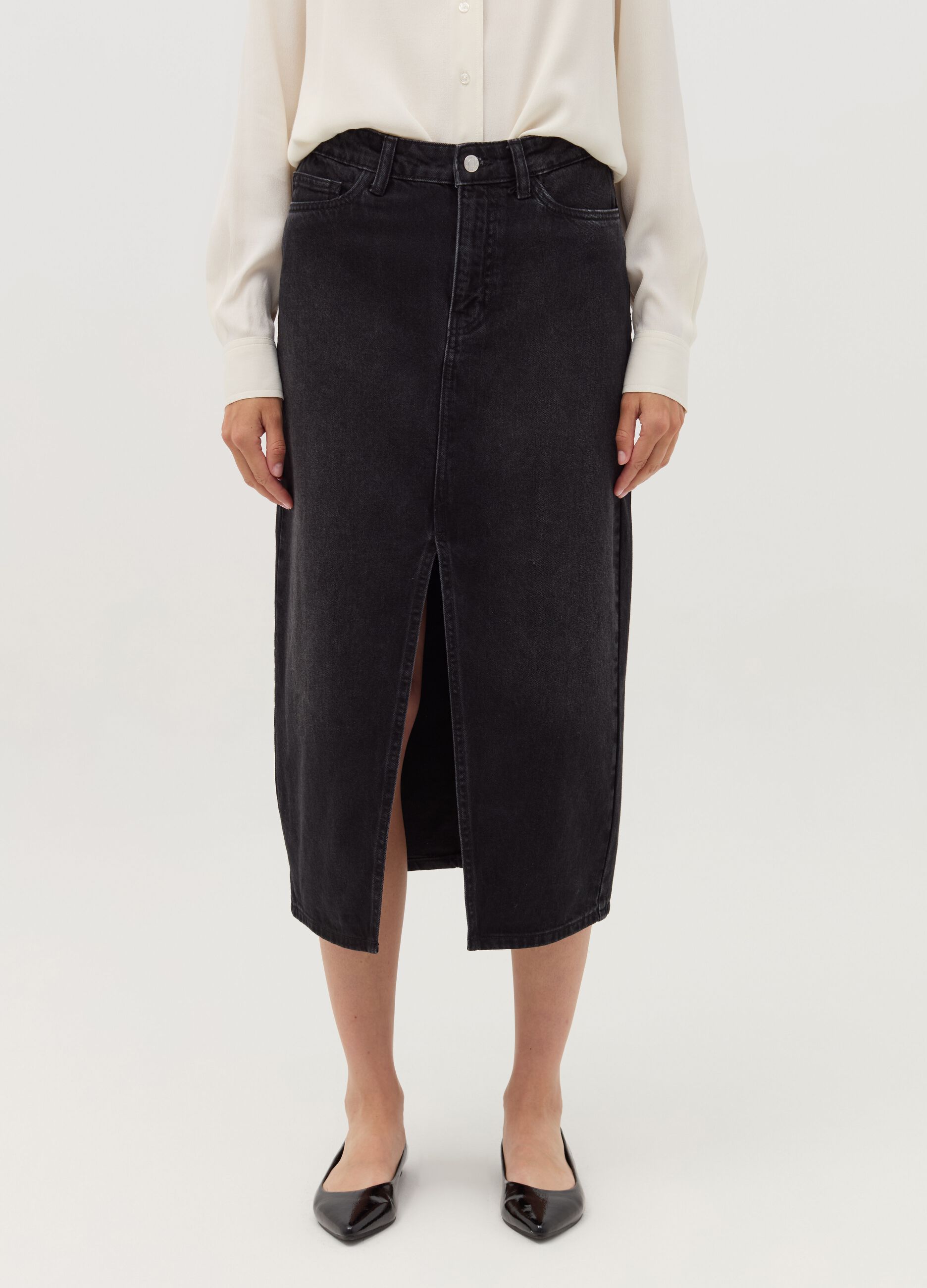 Long denim skirt with split