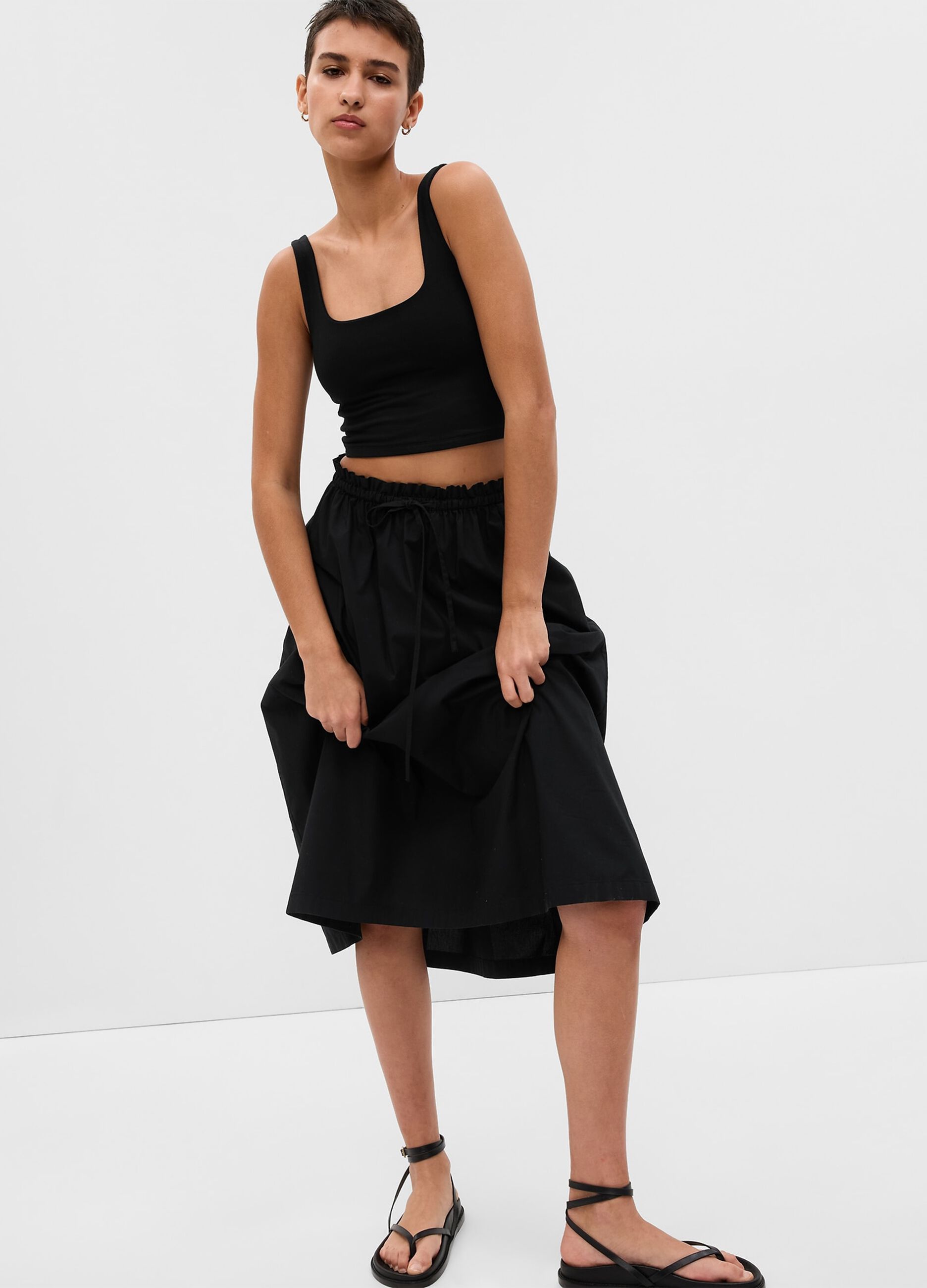 Paper bag midi skirt with drawstring