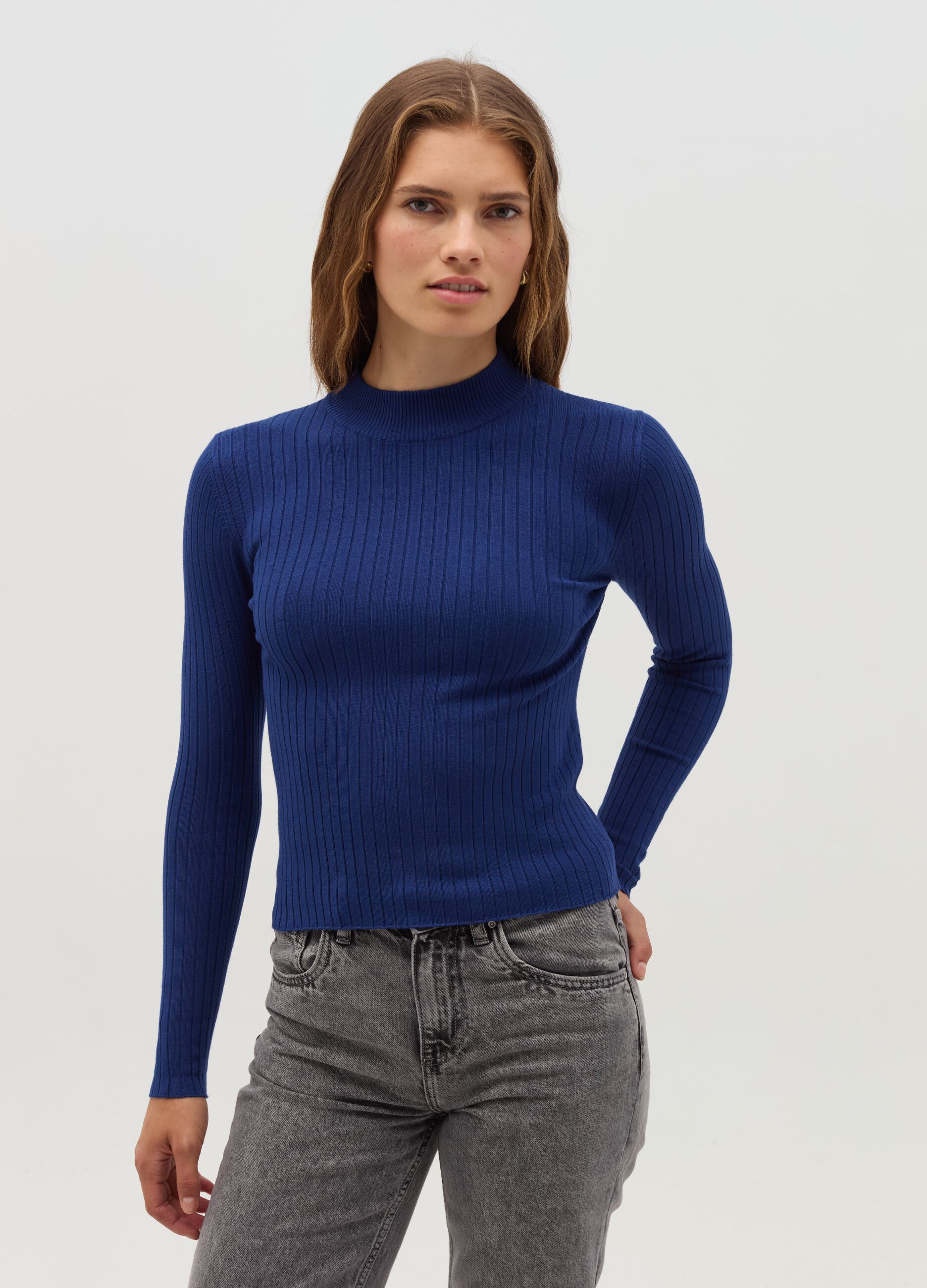 Ribbed knit pullover with mock neck