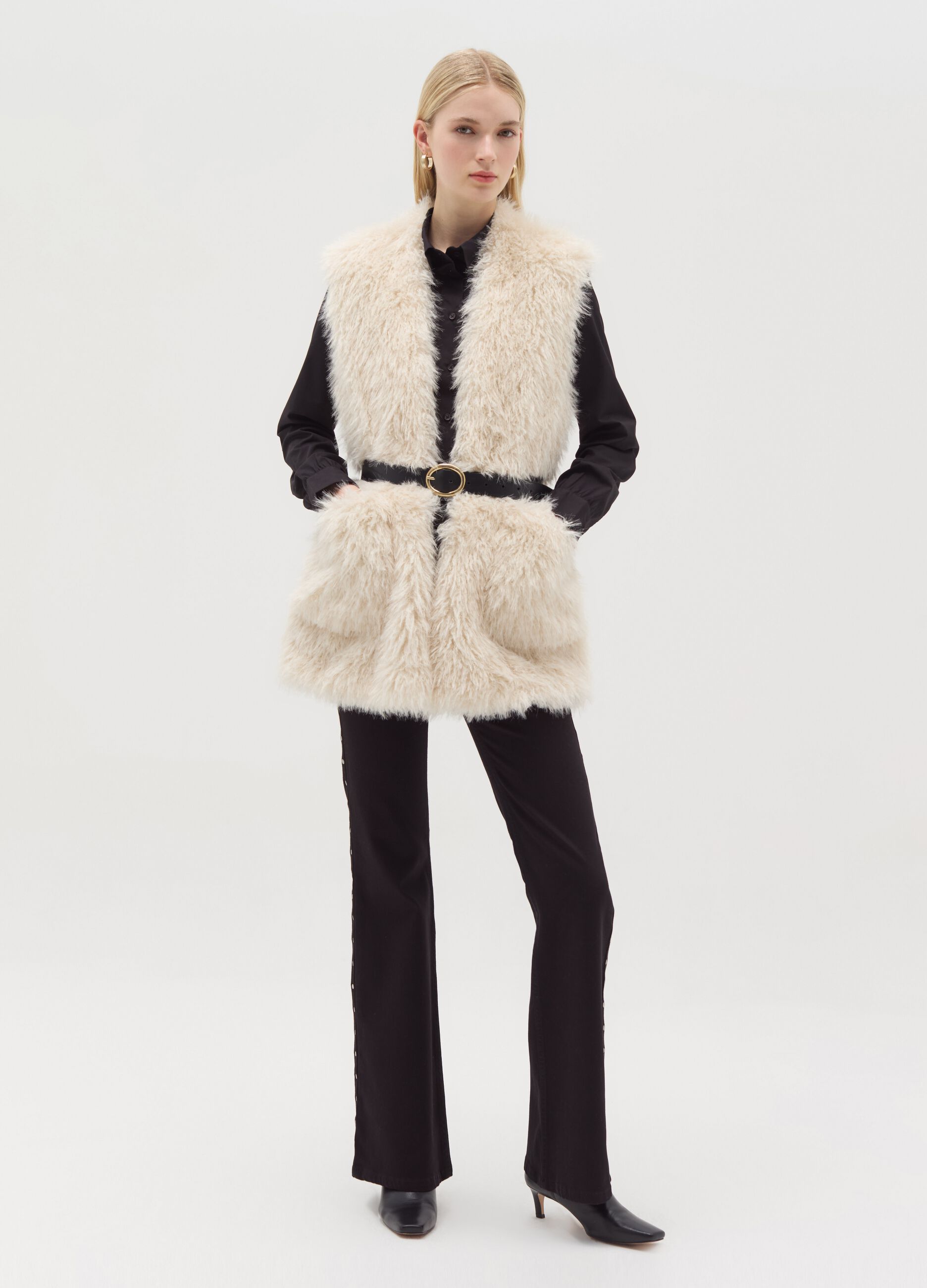 Open gilet in furry yarn