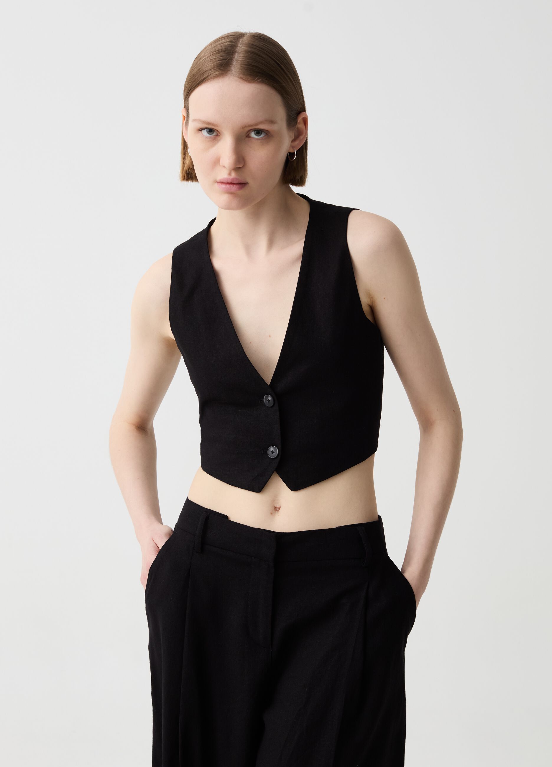 Ovs Gilet cropped in lino e viscosa