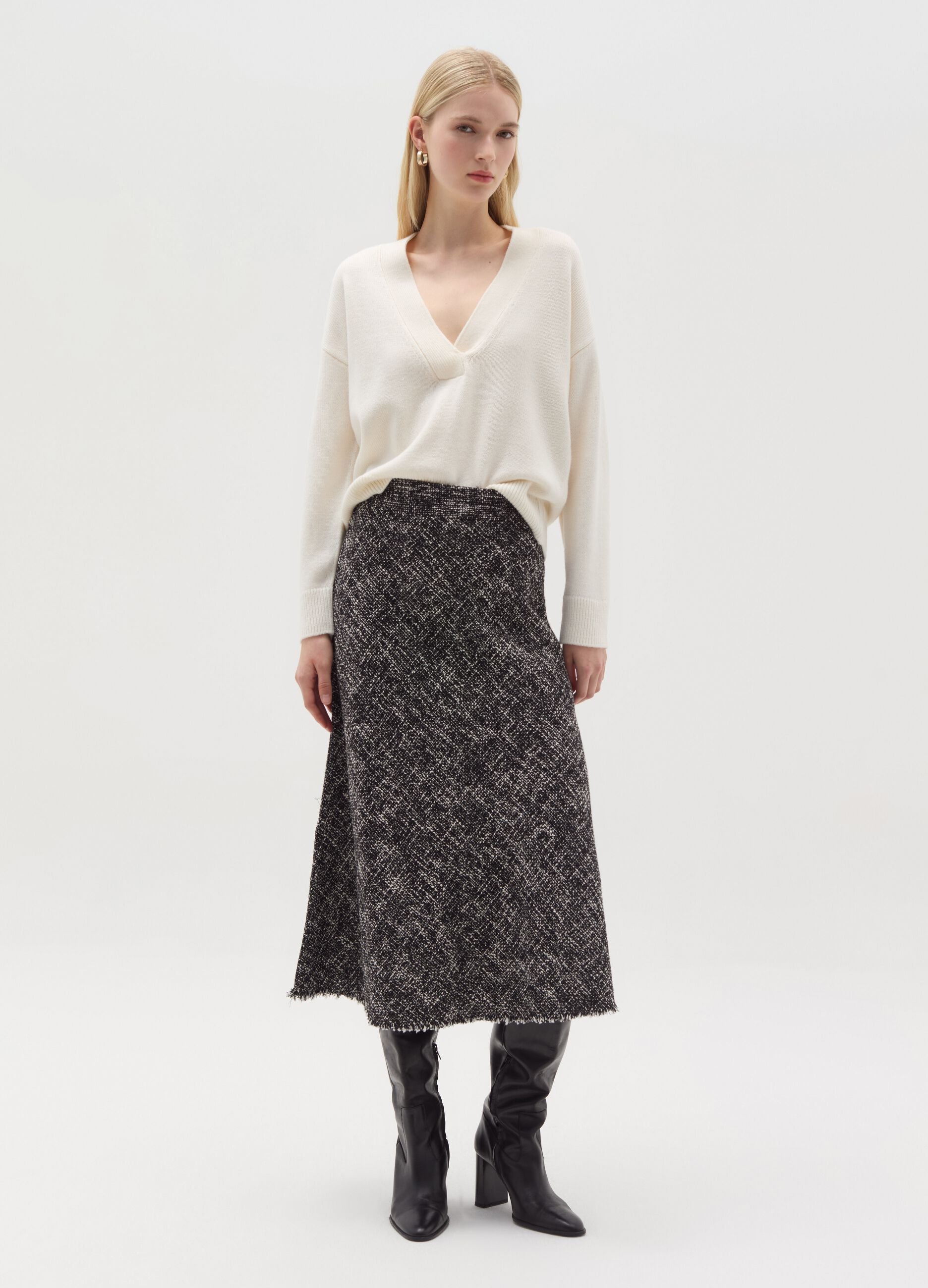 Fringed midi skirt in tweed