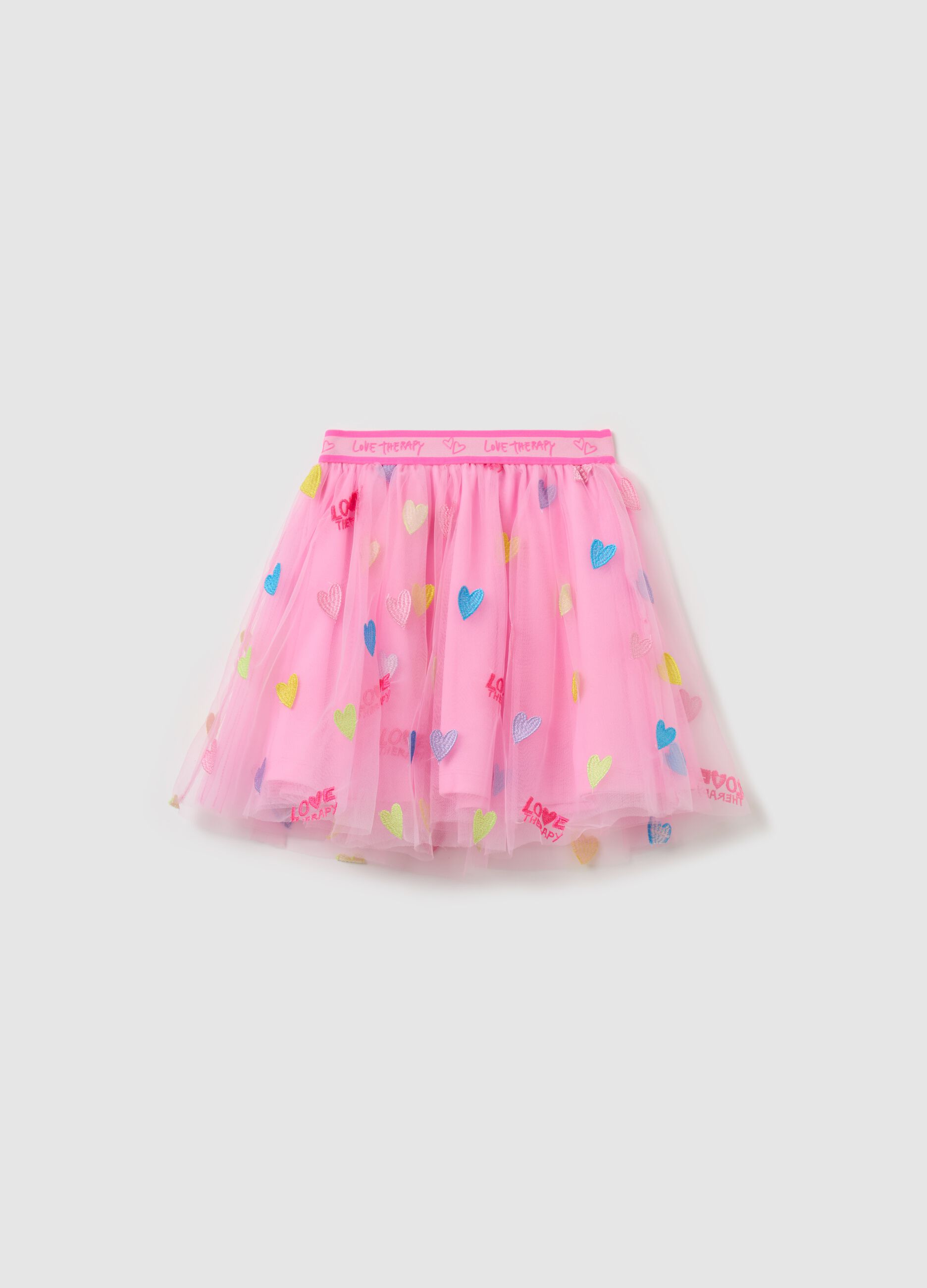 Tulle skirt with multicoloured hearts embroidery