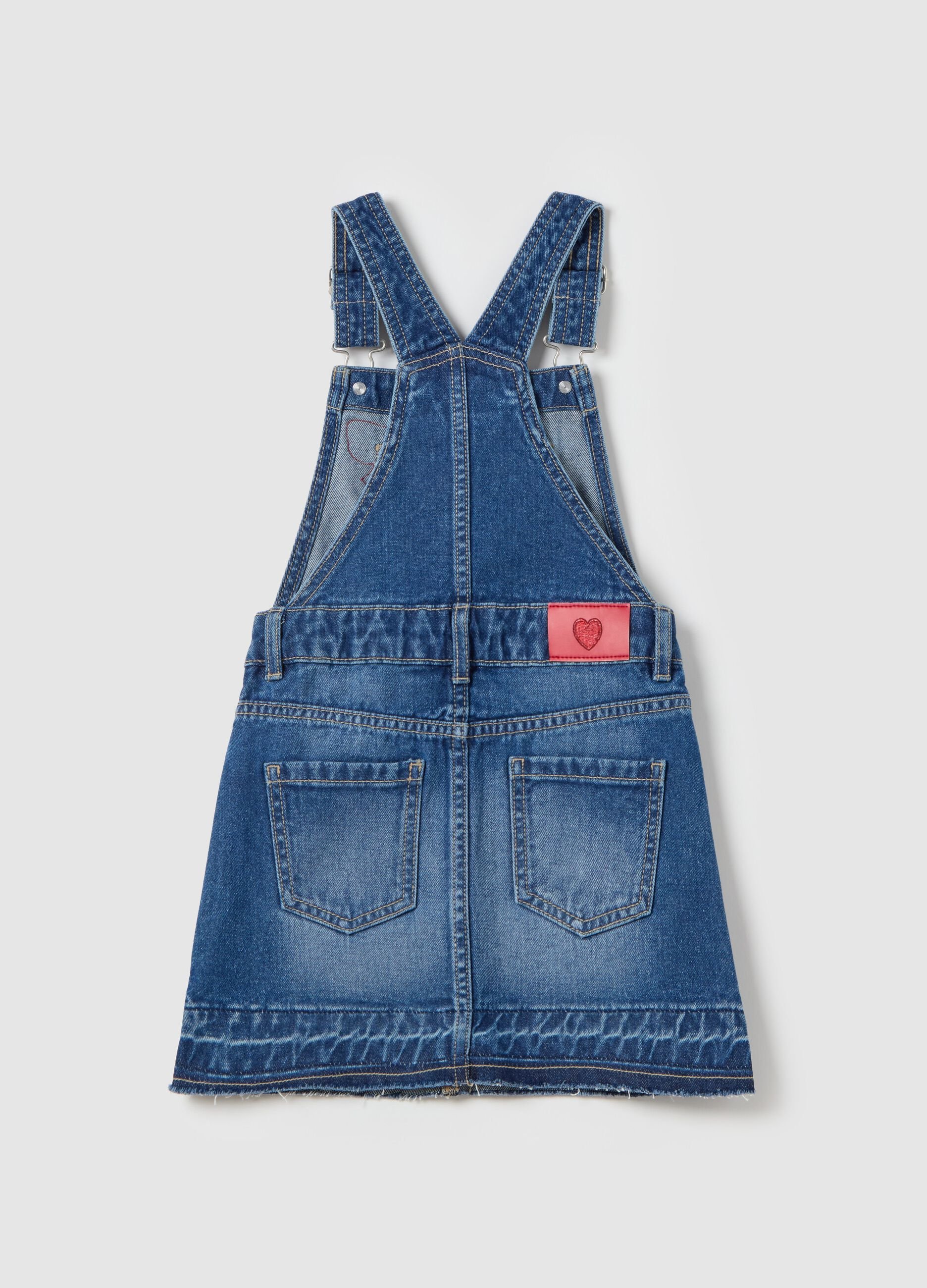 Gonna salopette in denim con ricamo cuori