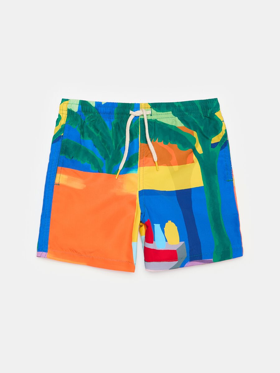 Swimming trunks with drawstring and landscape print_4