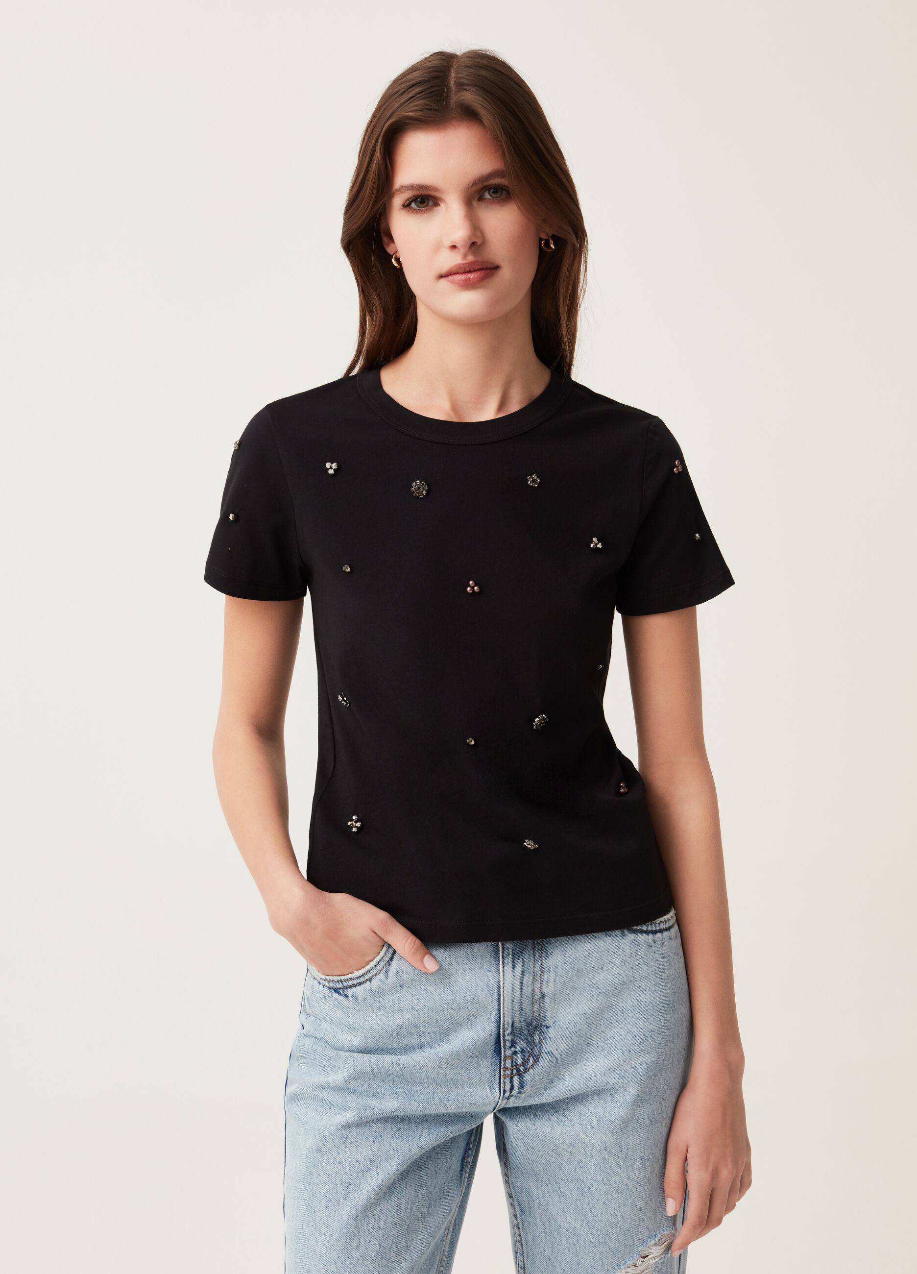 Cotton T-shirt with diamanté motifs