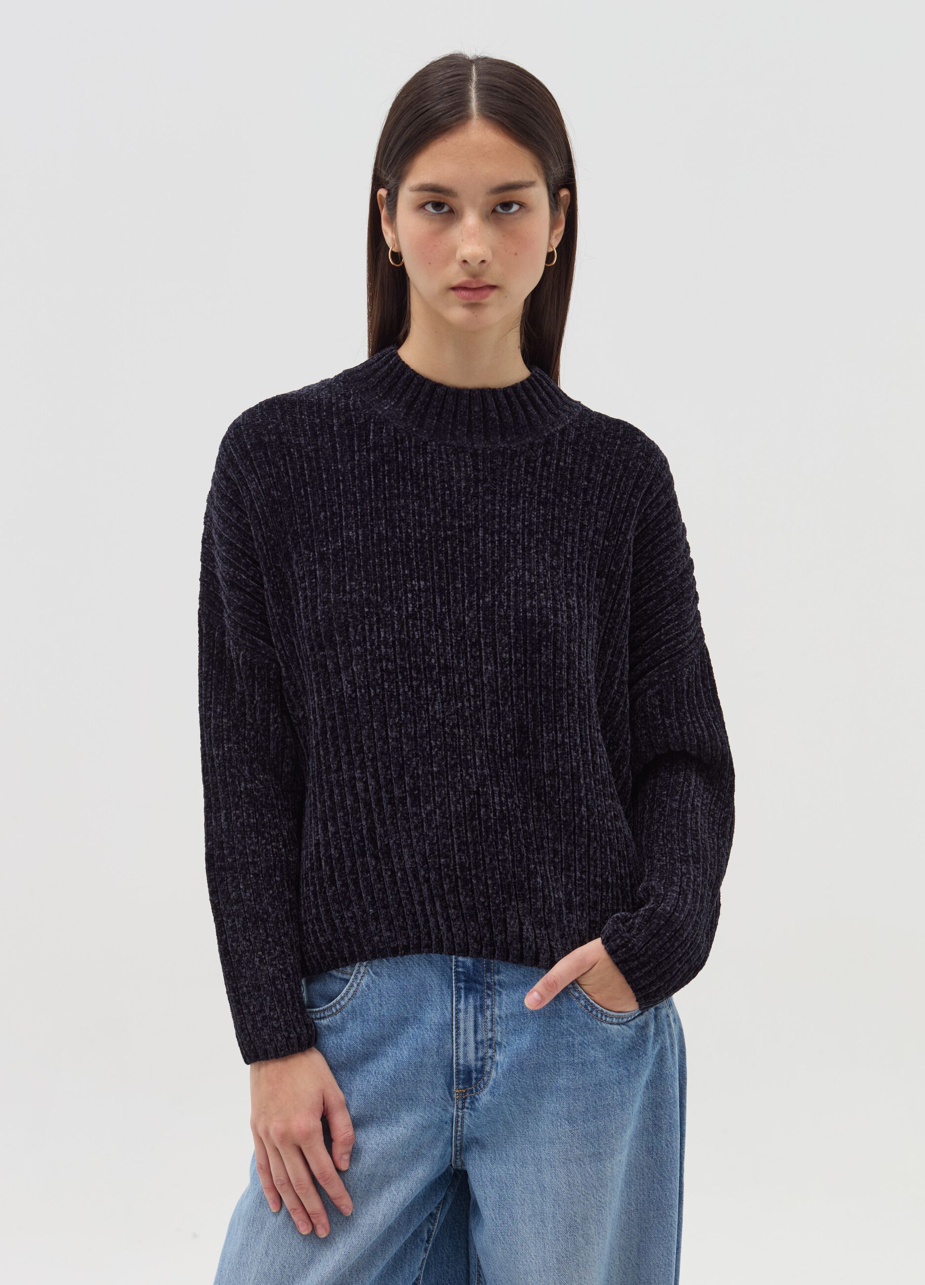 Chenille pullover with mock neck