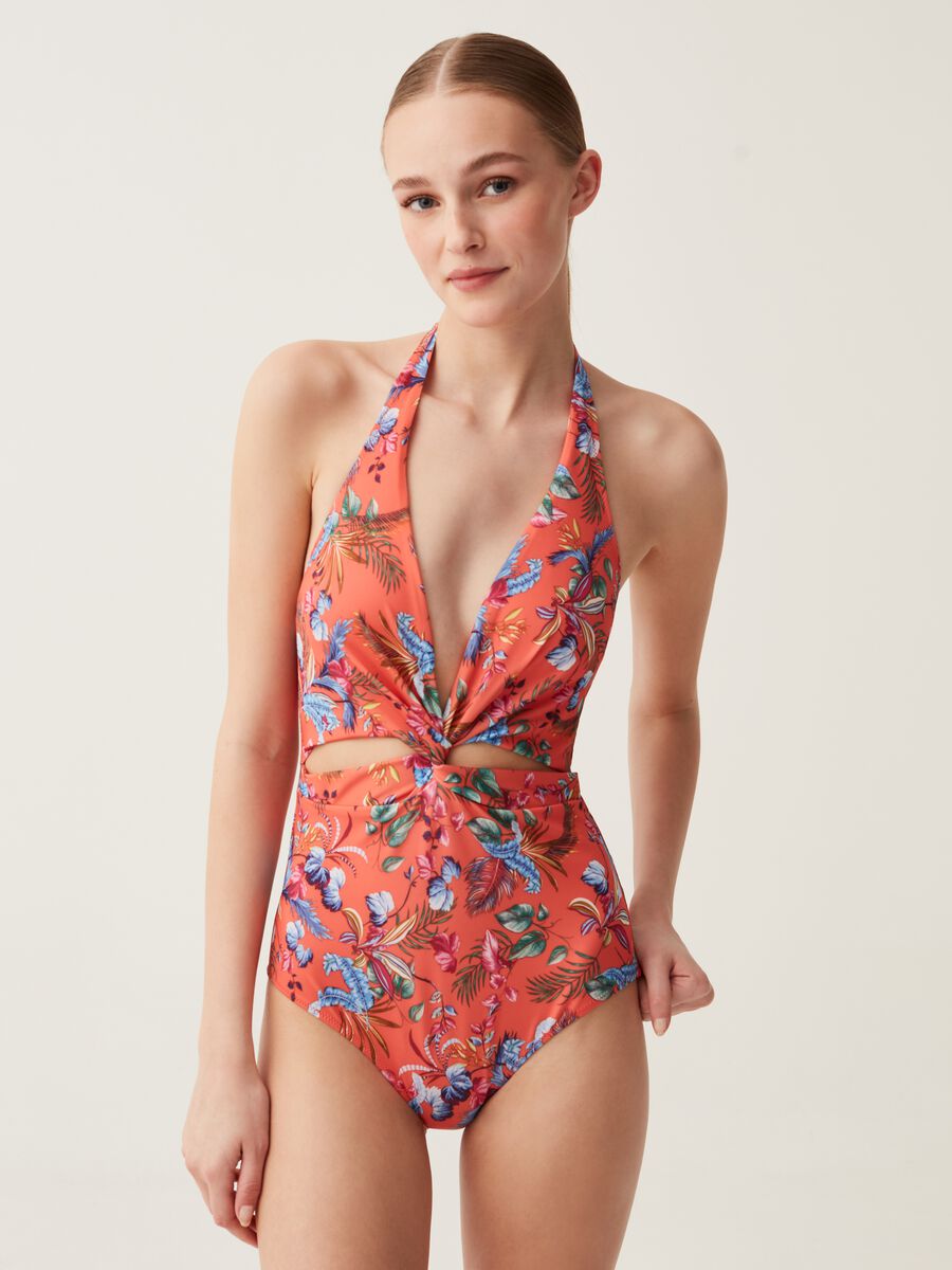 One-piece swimsuit with tropical print_0