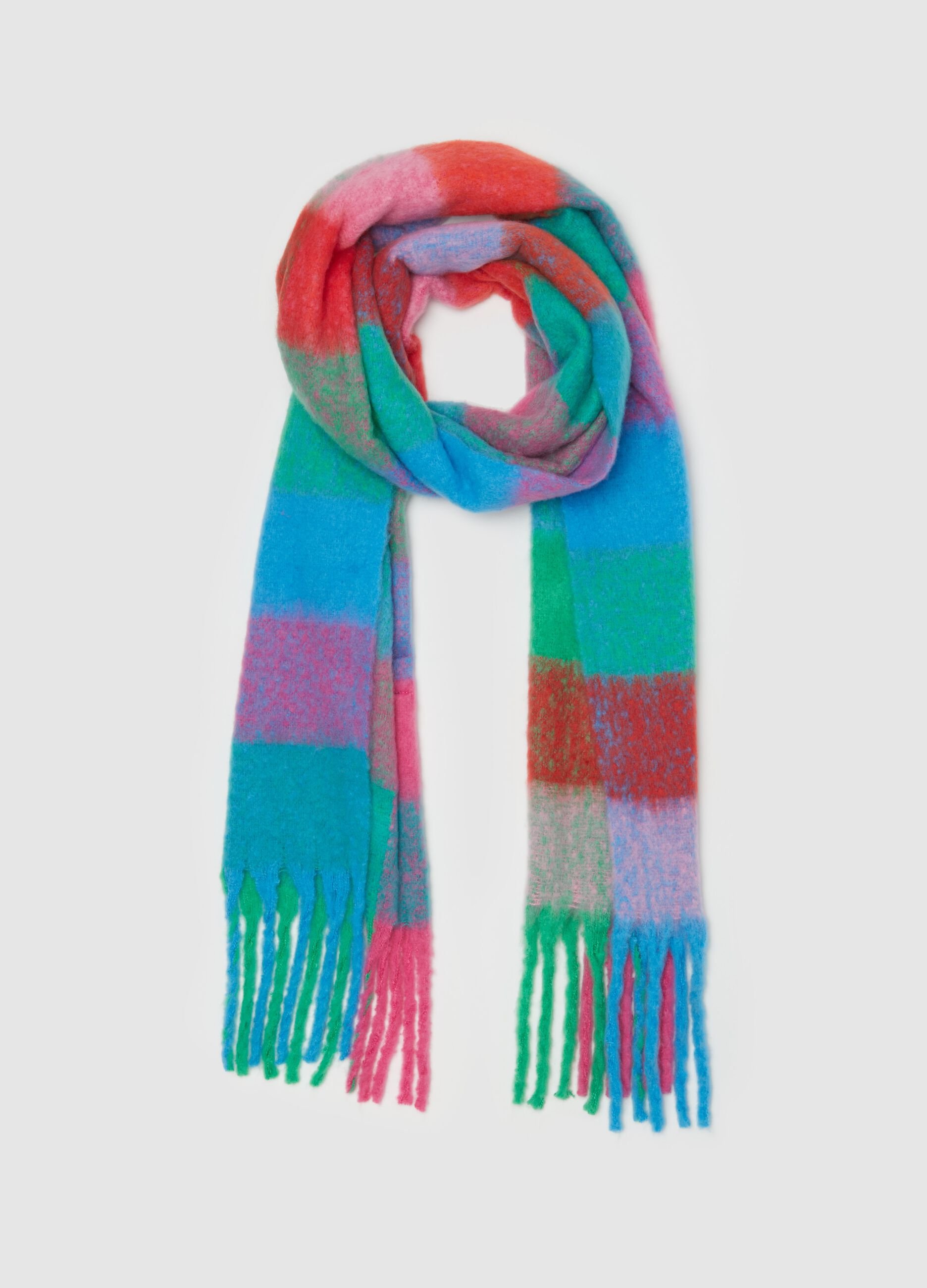 Multicoloured check scarf with fringing