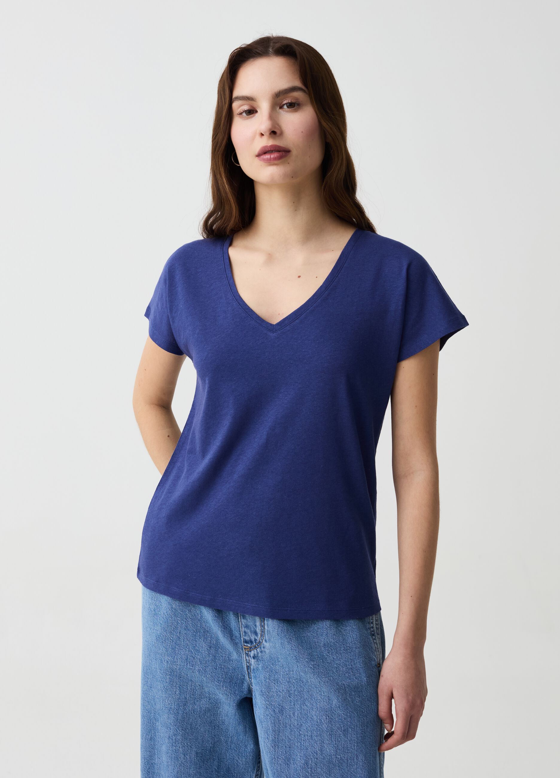 Ovs T-shirt in lino e cotone con scollo a V