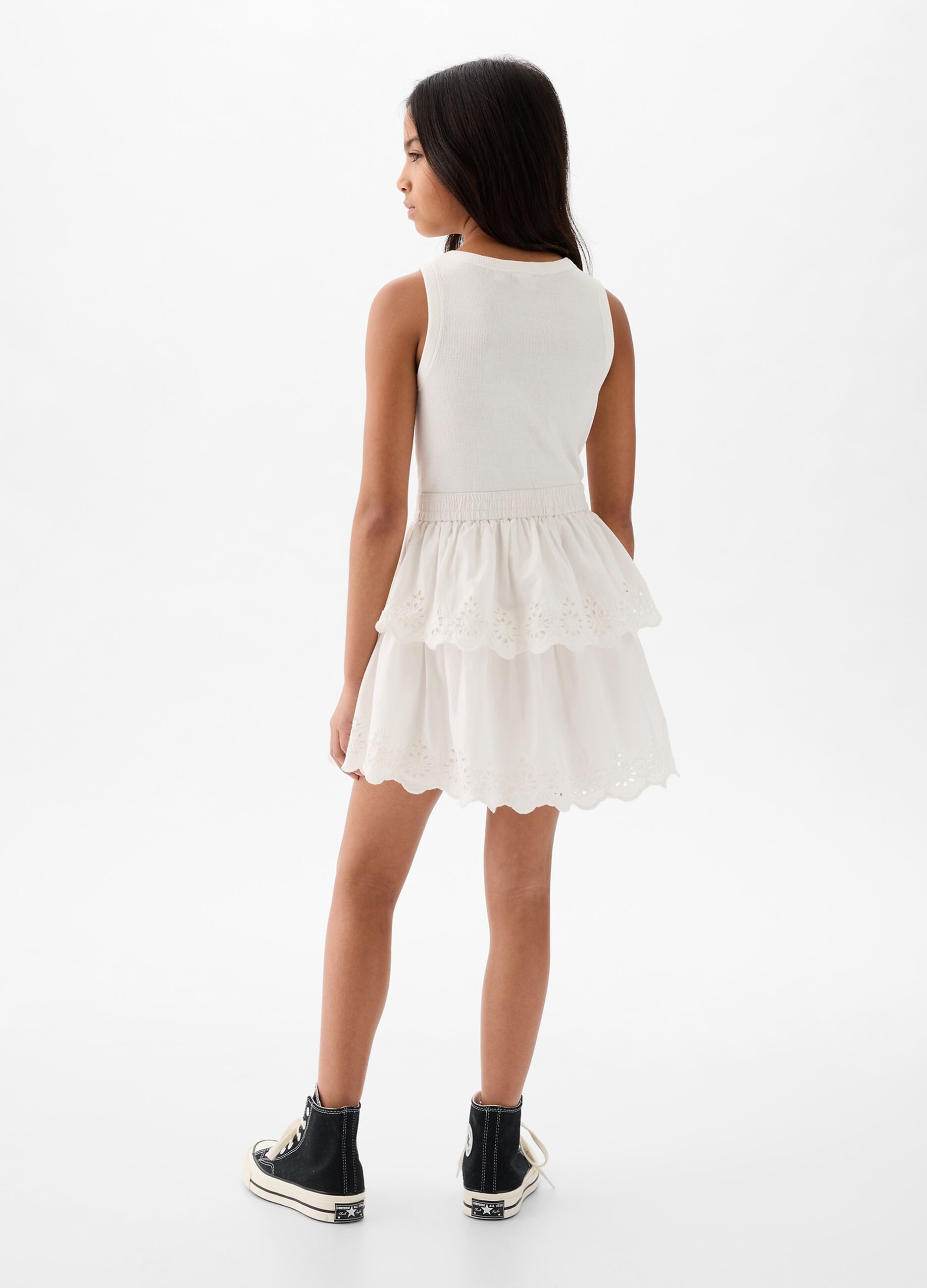 Dress with tiered skirt in broderie anglaise