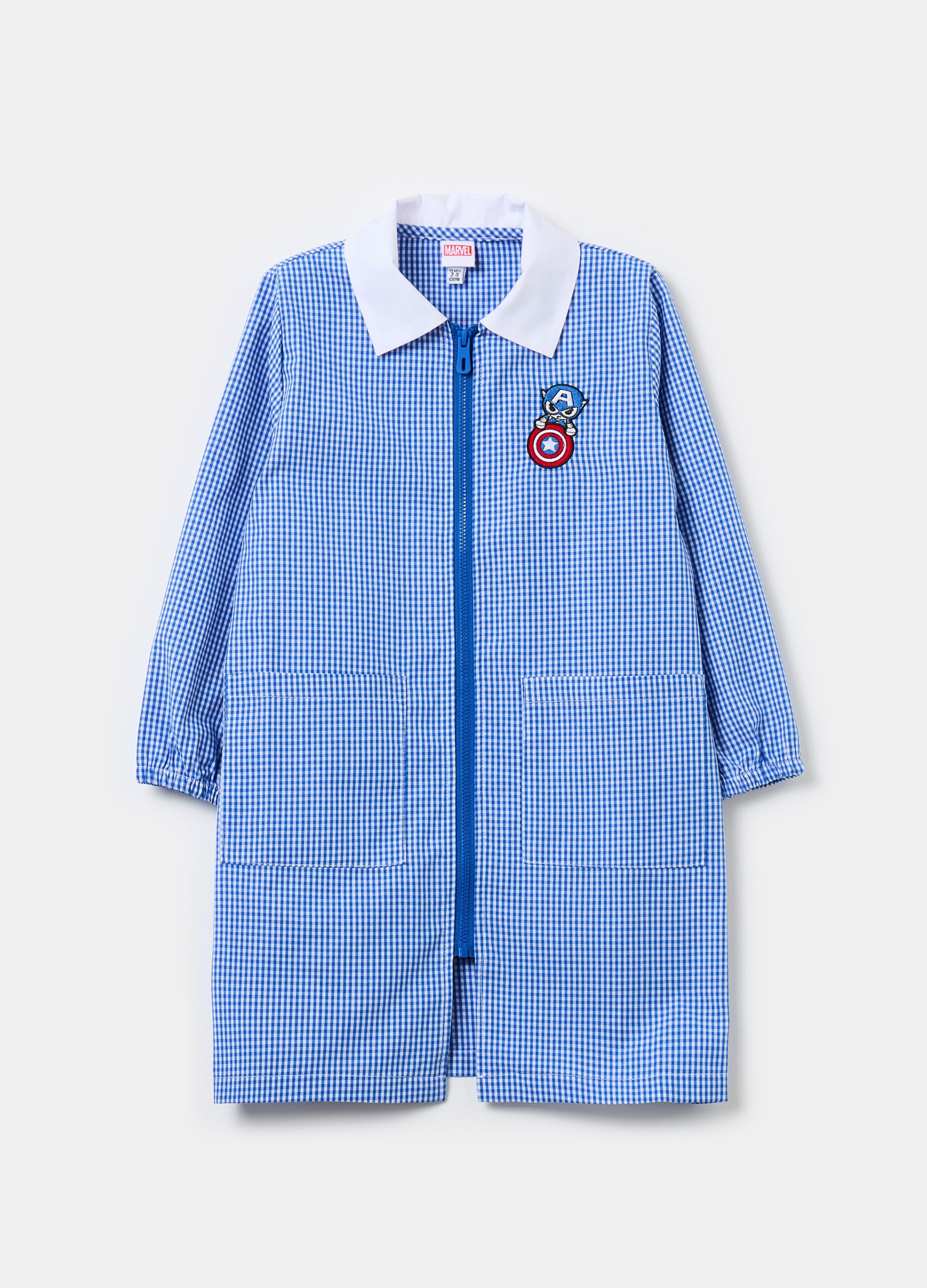 Gingham smock with zip and Captain America patch