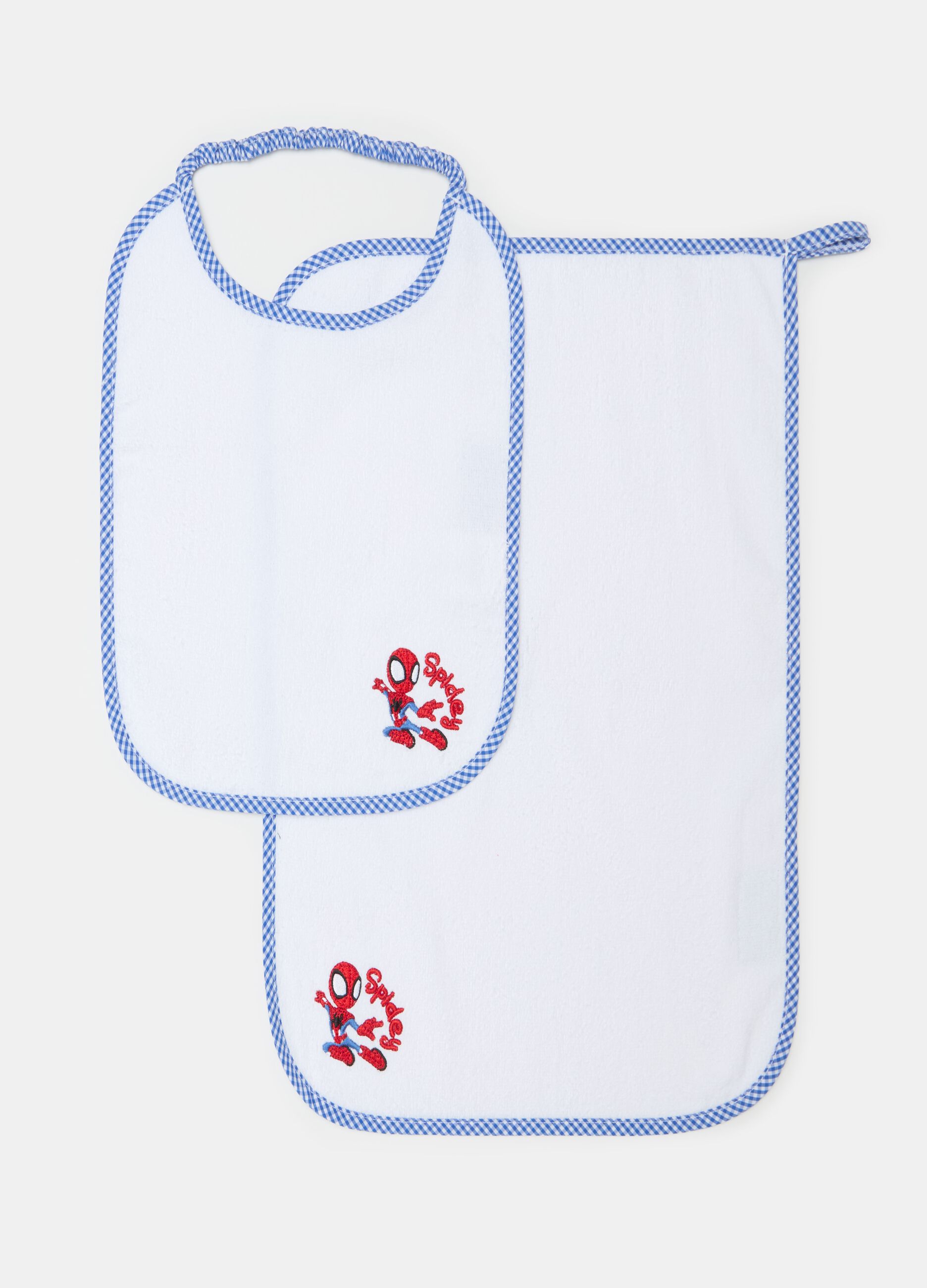 Baby bib and towel set with Spidey embroidery